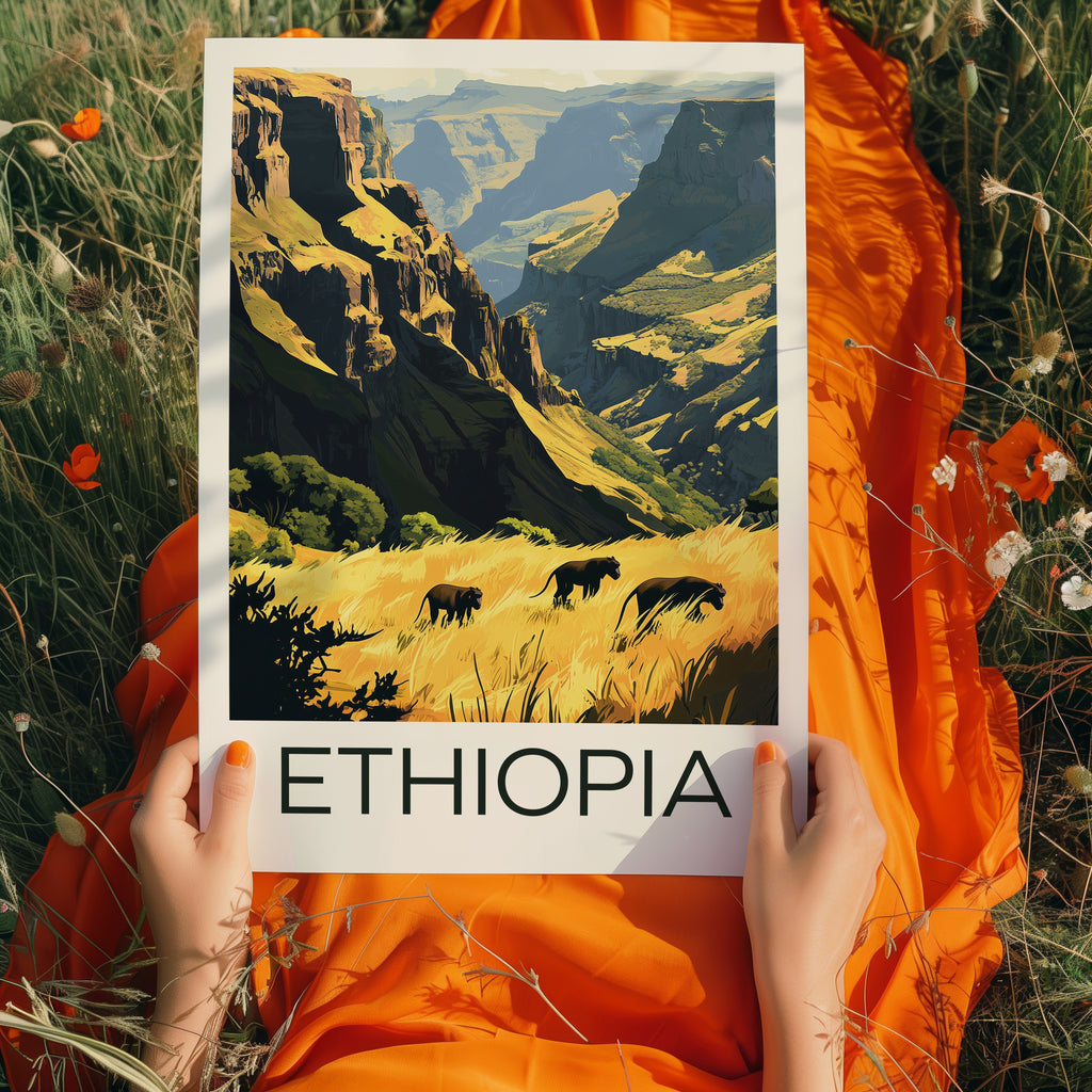 Ethiopia Travel Poster: Simien Mountains Landscape Illustration Art