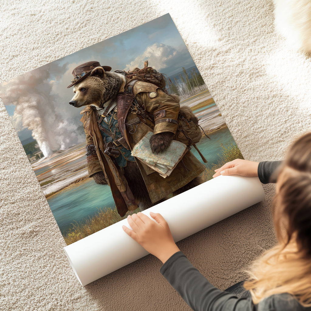 Grizzly Explorer Poster – Steampunk Bear Wall Art, Wilderness Adventure Animal Print