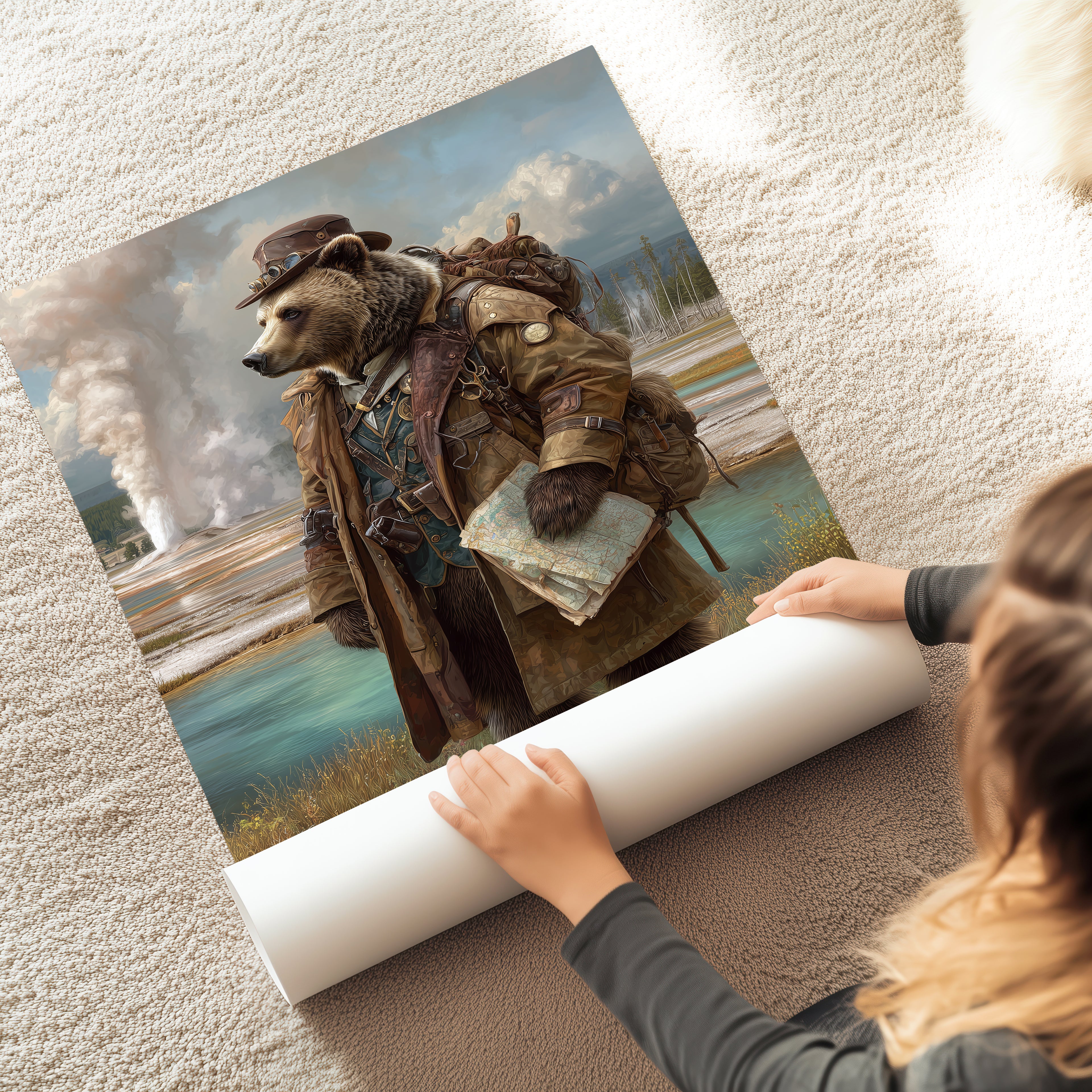 Grizzly Explorer Poster – Steampunk Bear Wall Art, Wilderness Adventure Animal Print