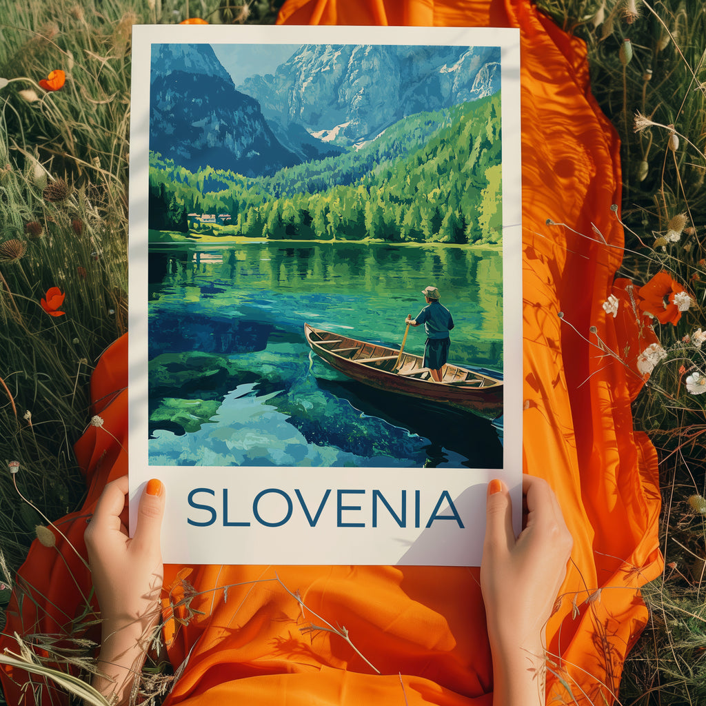 Slovenia Lake Travel Poster – Alpine Lake & Mountains Art Print, Canoe Landscape Illustration