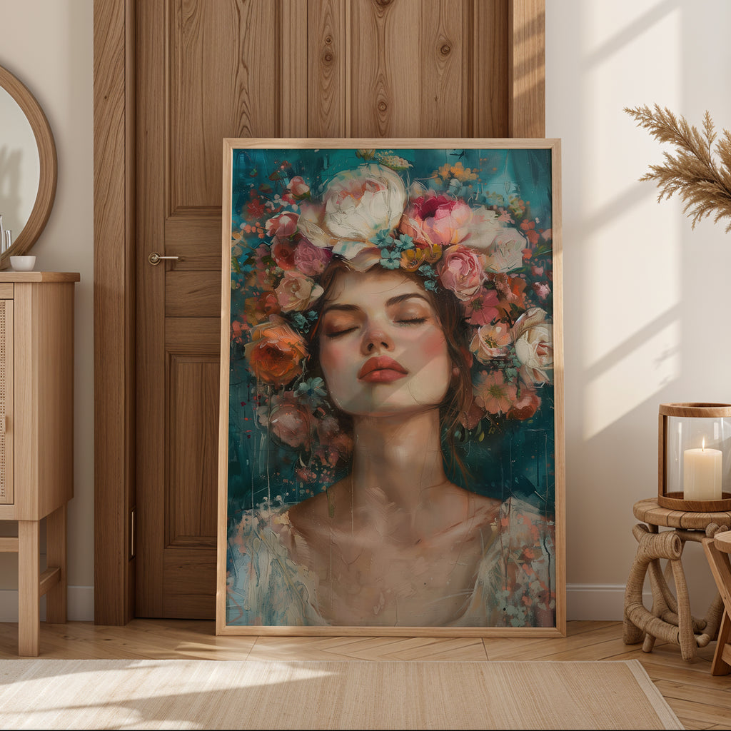 Floral wall art featuring a serene woman with a pink flower crown against a teal background in a cozy room setting