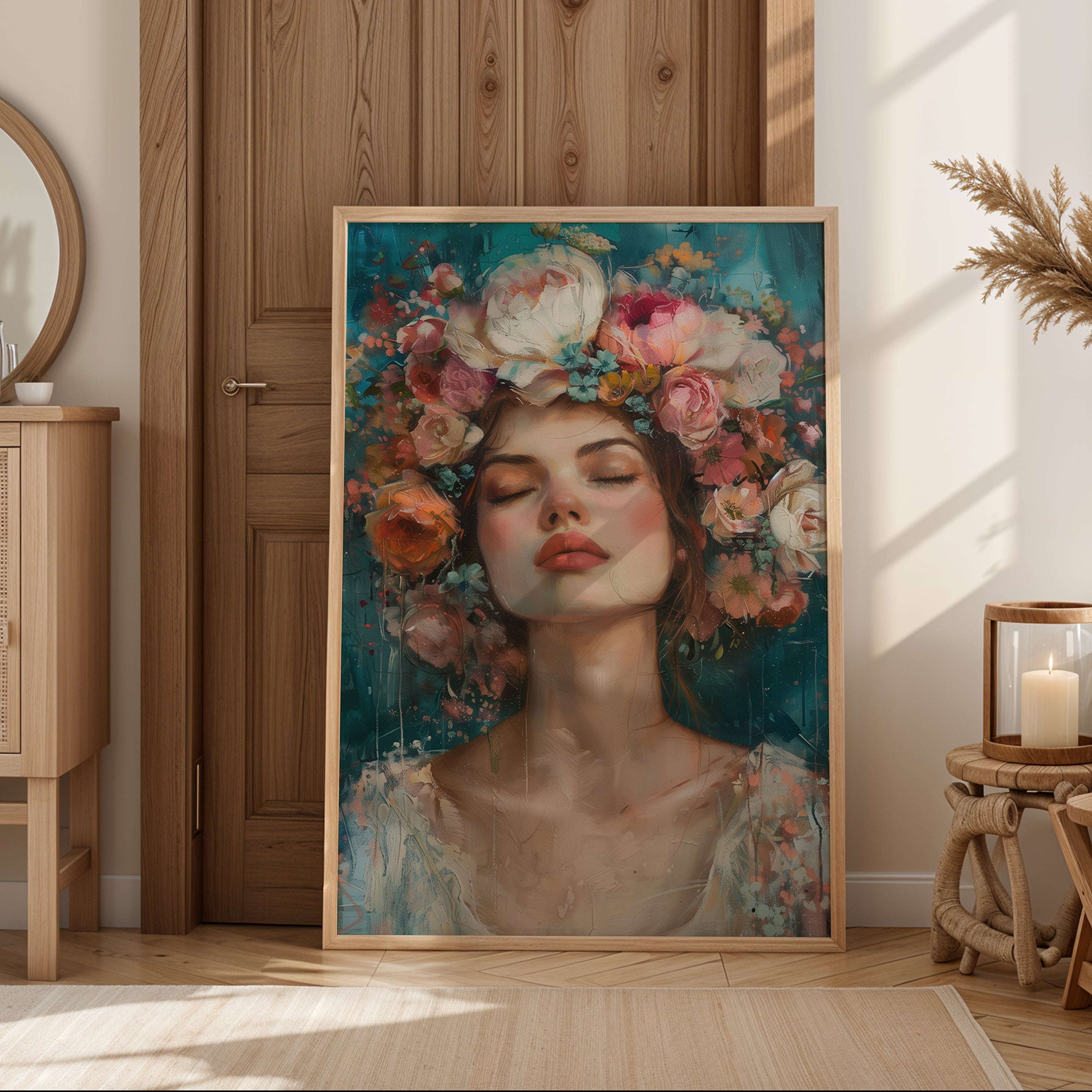 Floral wall art featuring a serene woman with a pink flower crown against a teal background in a cozy room setting