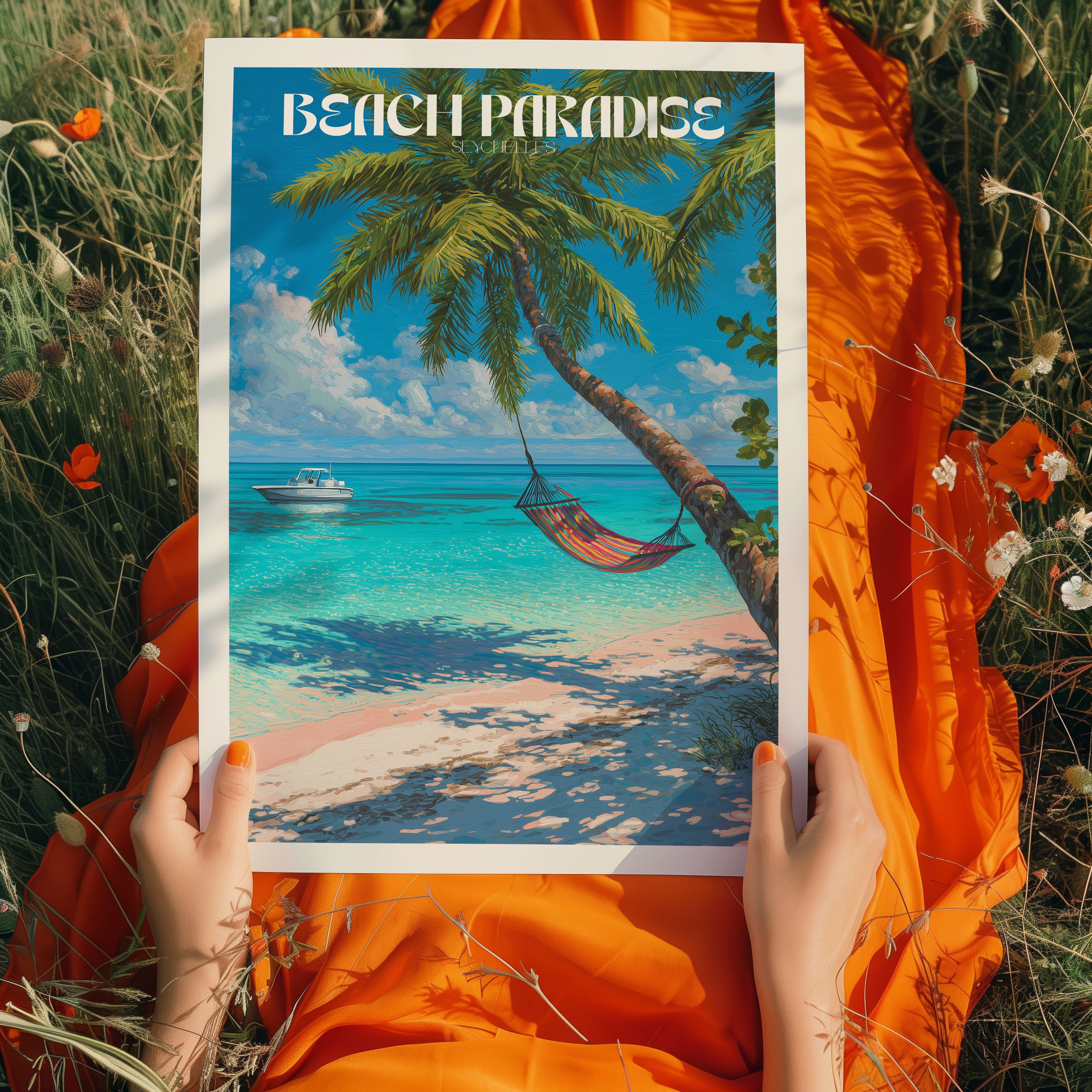 Tropical Island Poster – Seychelles Beach Wall Art Print, Coastal Paradise Travel Decor