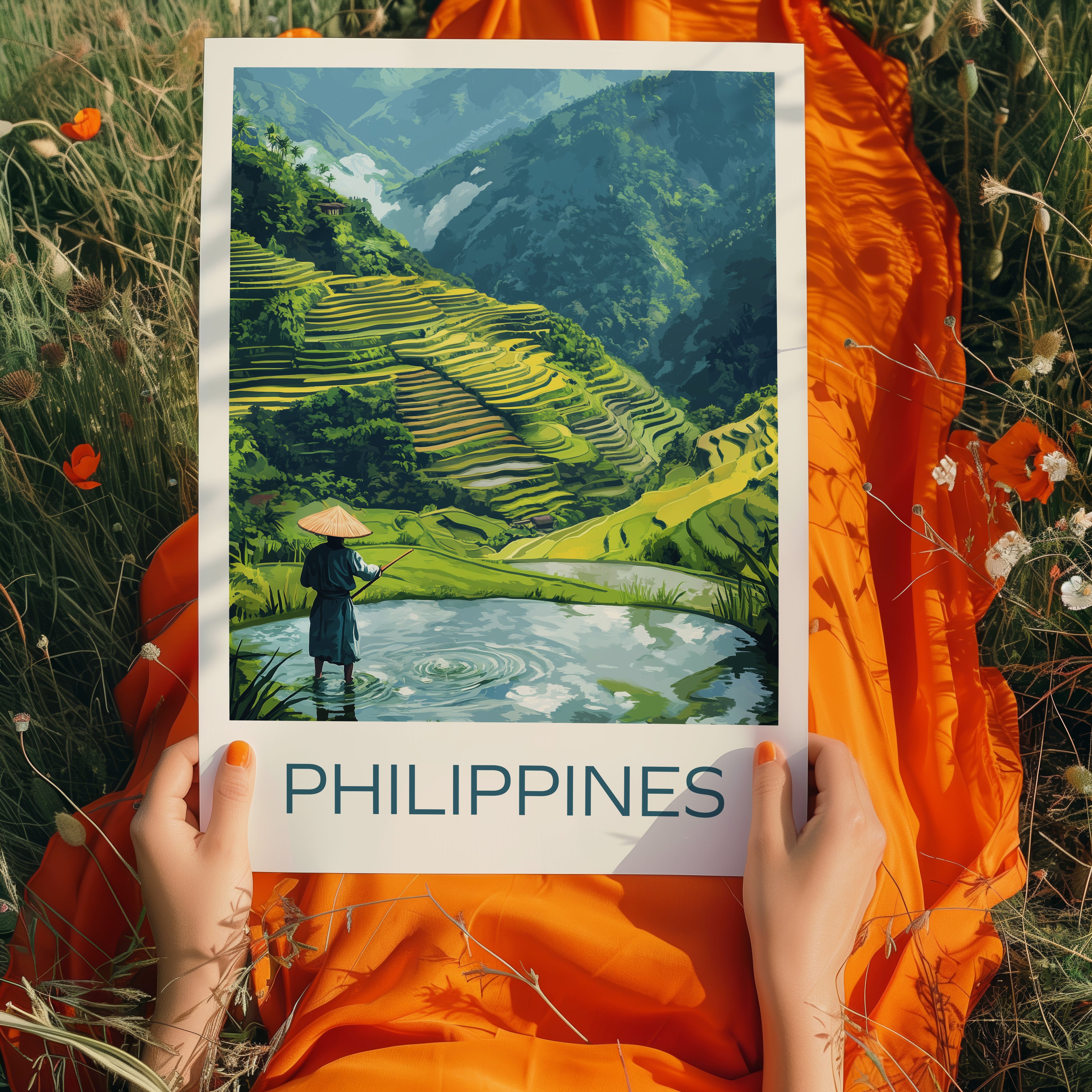 Philippines Travel Poster: Banaue Rice Terraces Illustration Art