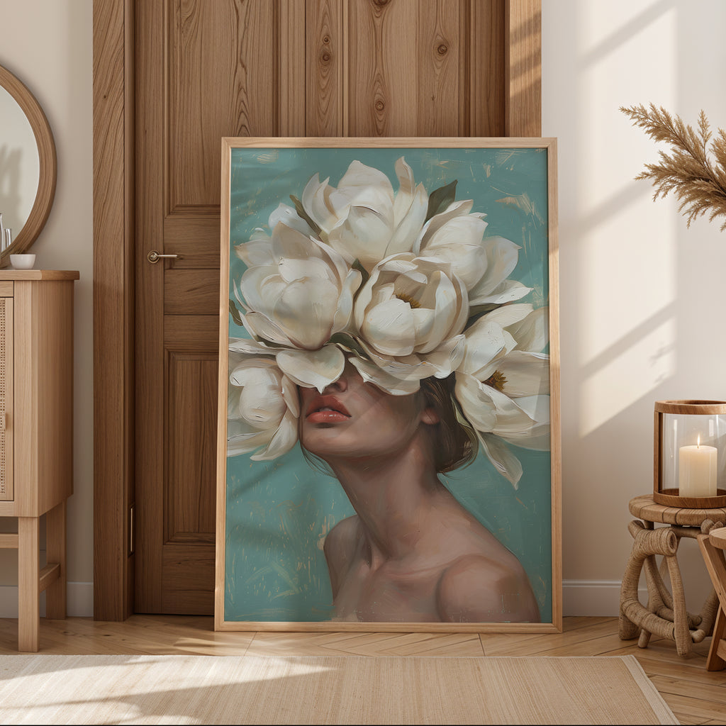 Botanical wall art showing woman crowned in white flowers against teal background