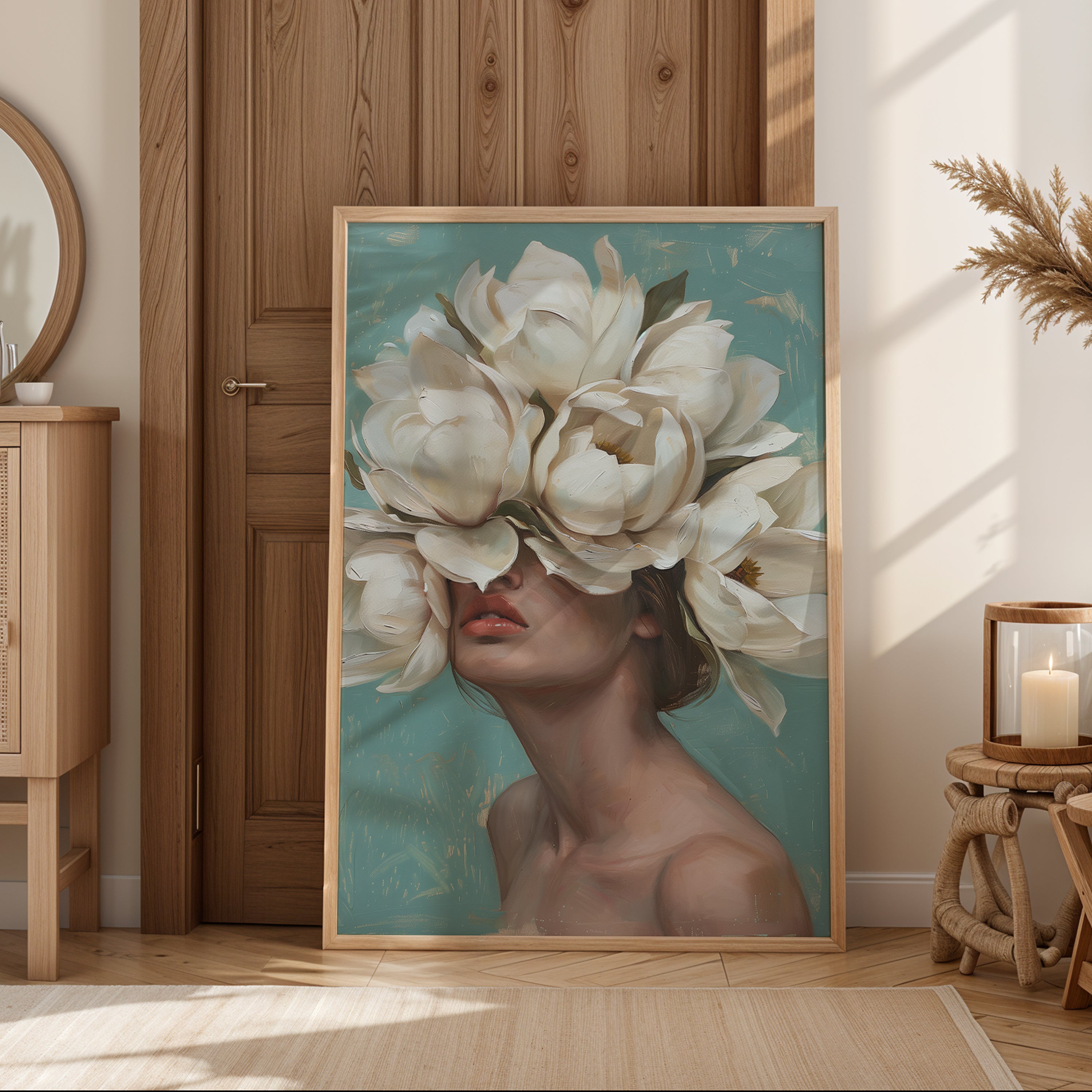 Botanical wall art showing woman crowned in white flowers against teal background
