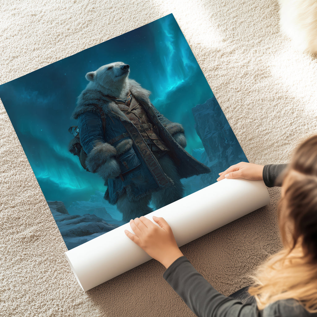 Polar Bear Explorer Print: Arctic Animal Art, Aurora Borealis Fantasy