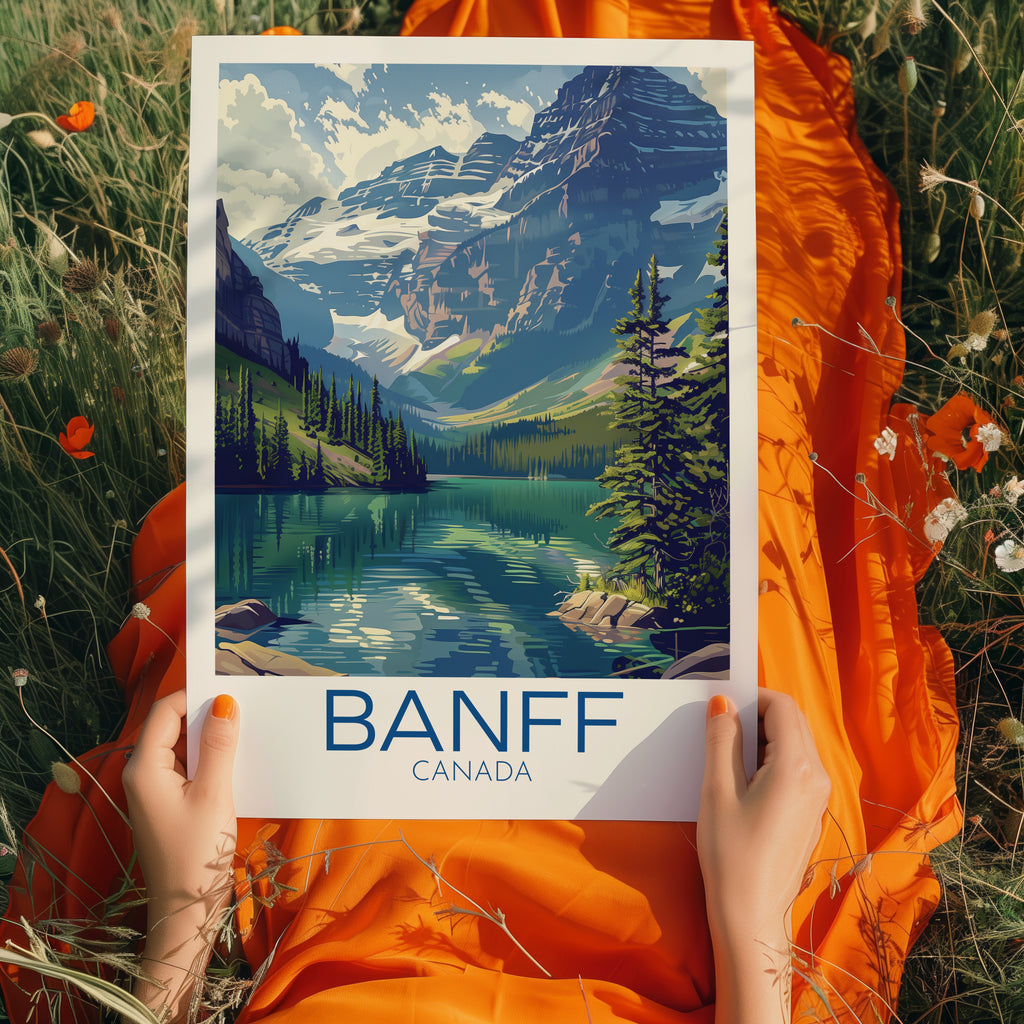 Banff Canada Travel Poster: Scenic Mountain Lake Illustration Art
