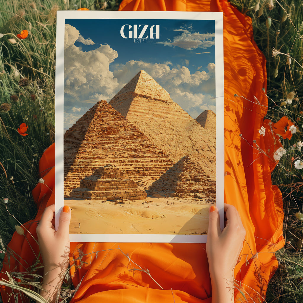 Pyramids of Giza Poster – Egypt Travel Print, Historical Landmark Wall Art, Desert Decor