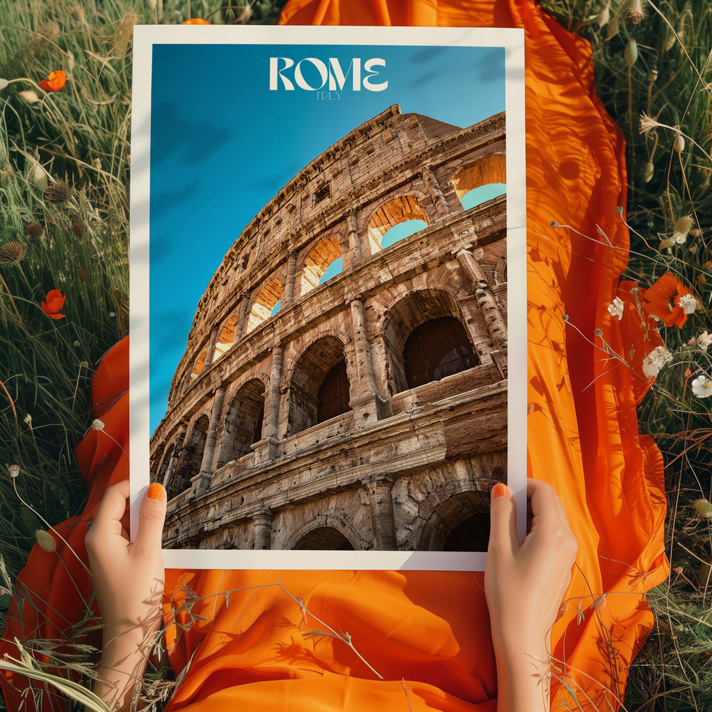 Italy Travel Poster – Rome Colosseum Print, Ancient Landmark Wall Art, Roman Architecture Decor