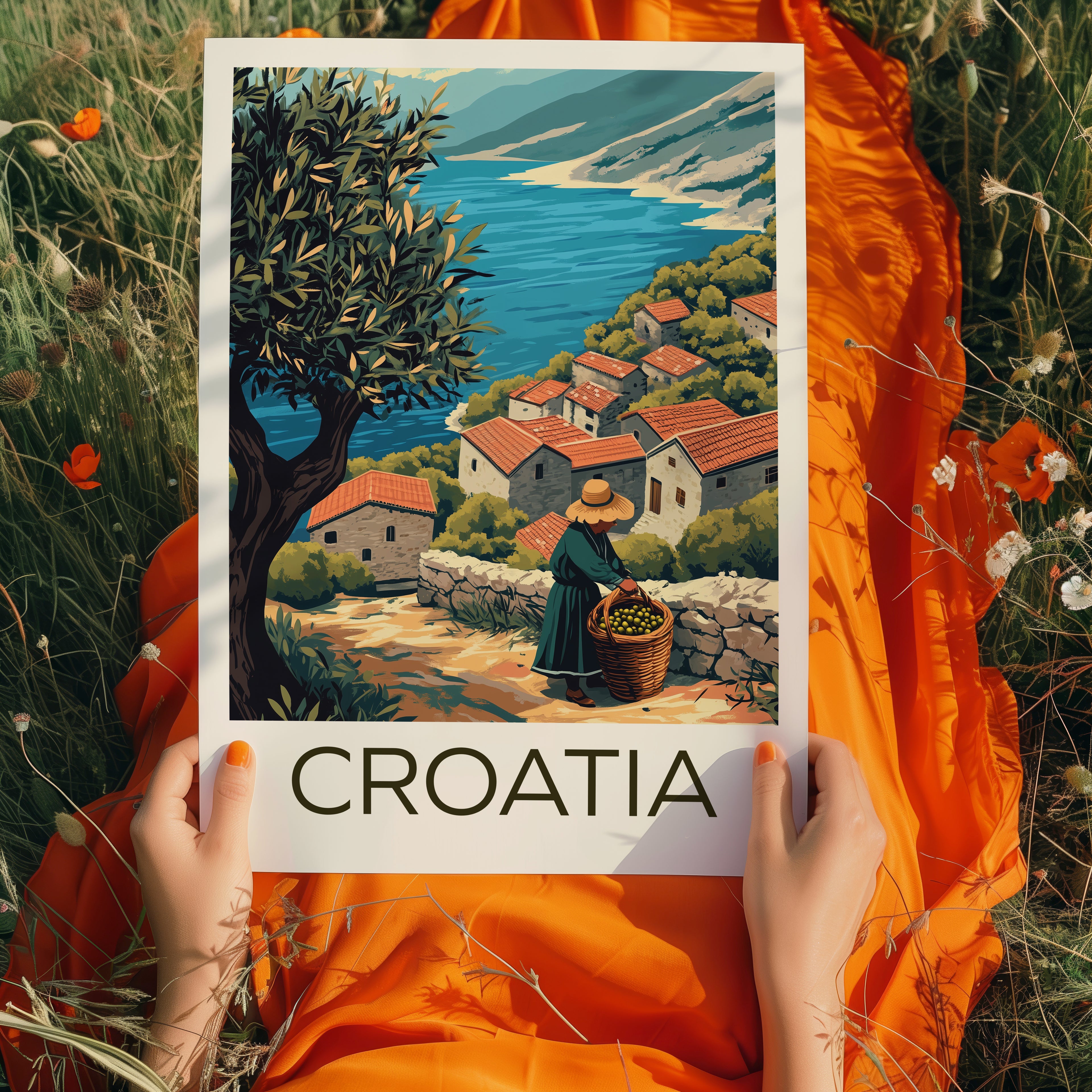 Croatia Travel Poster – Mediterranean Village & Olive Harvest Coastal Landscape Art