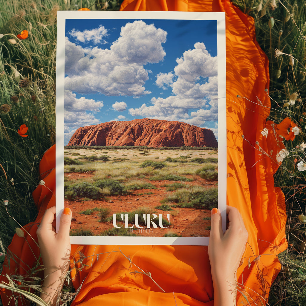 Australia Travel Poster – Uluru Red Rock Print, Outback Landscape Wall Art, Desert Landmark Decor