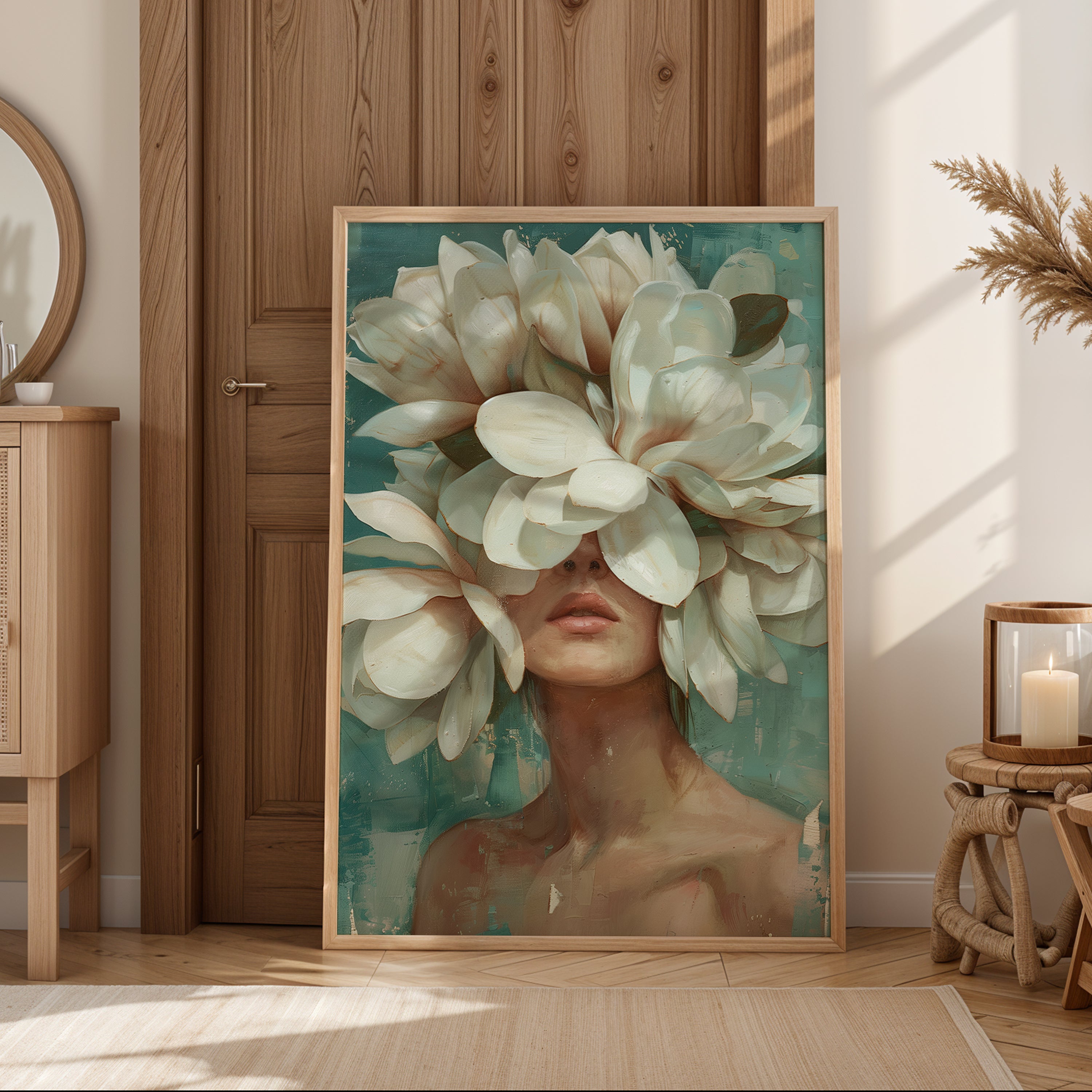 Botanical wall art print showing woman portrait with delicate white flower veil