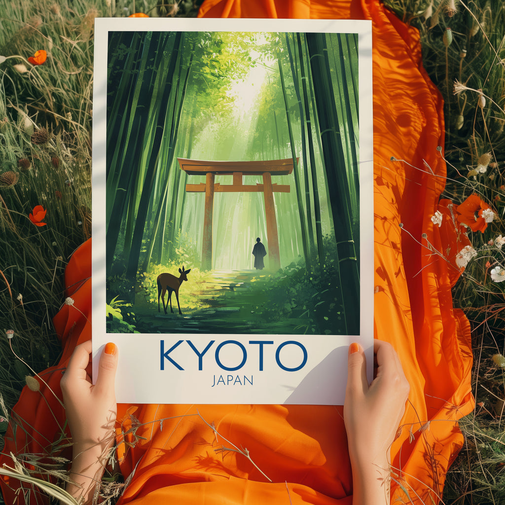 Kyoto Japan Travel Poster: Bamboo Forest Torii Illustration Art