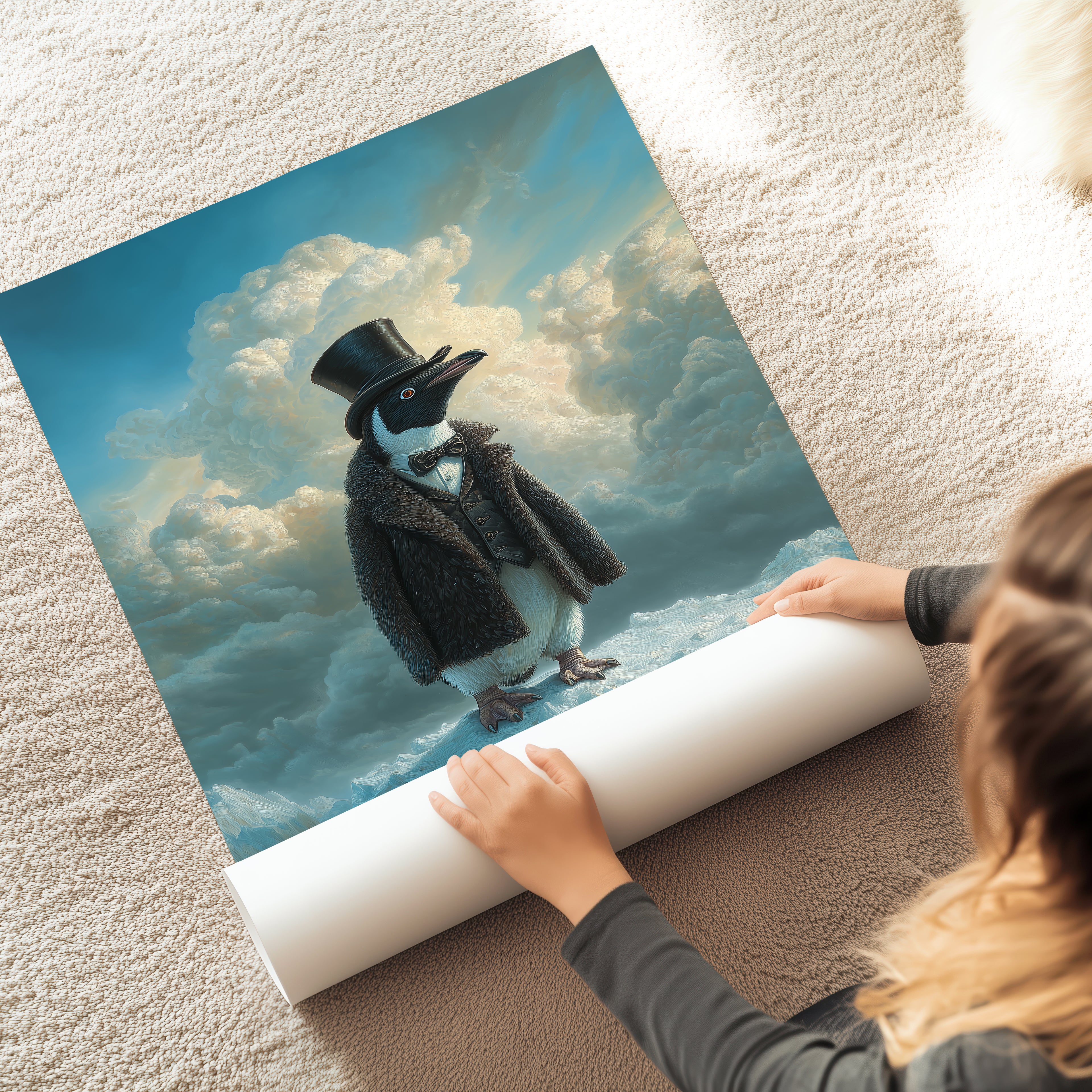 Aristocratic Penguin in Antarctica – Funny Animal Portrait, Aurora Wall Art, Whimsical Winter Decor