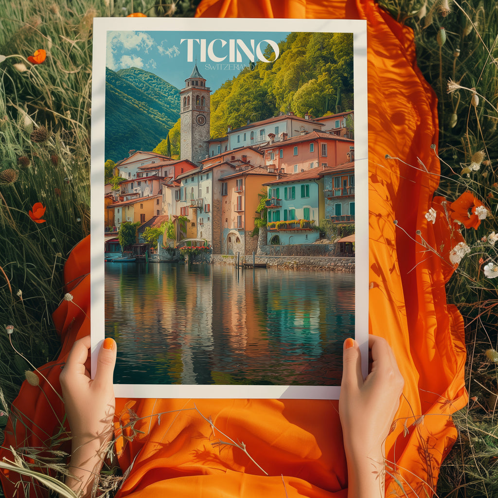 Switzerland Travel Poster – Ticino Alpine Print, Mountain Landscape Wall Art, European Decor
