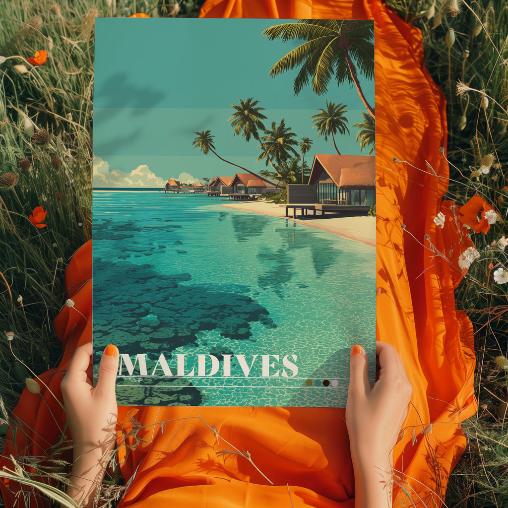 Maldives Poster – Tropical Island Wall Art, Overwater Villa Print, Exotic Beach Travel Photography Decor