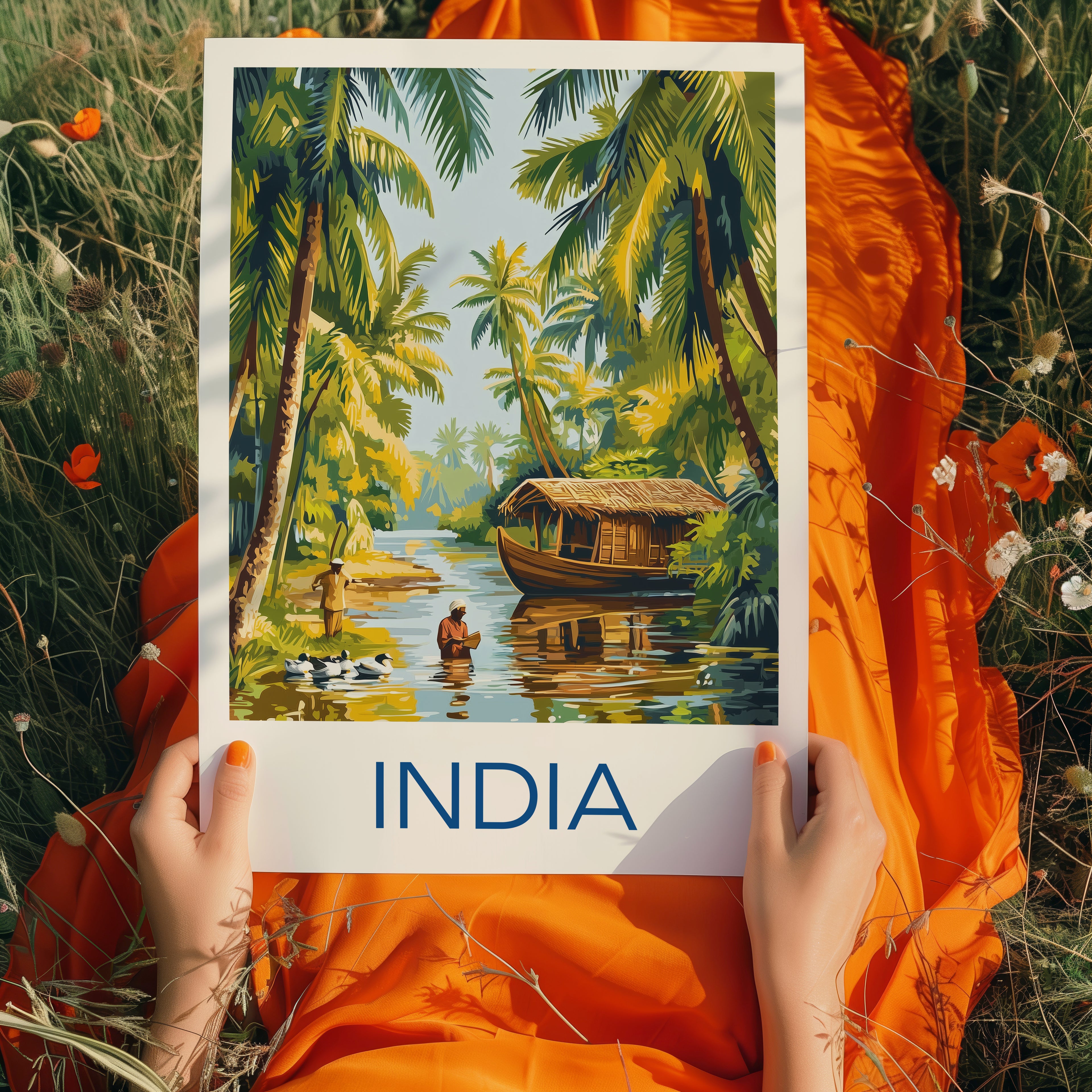 India Travel Poster: Kerala Backwaters Tropical Illustration Art