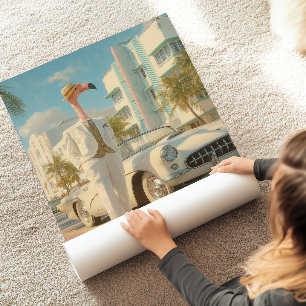 Flamingo on Ocean Drive Poster – Miami Retro Wall Art, Art Deco Print