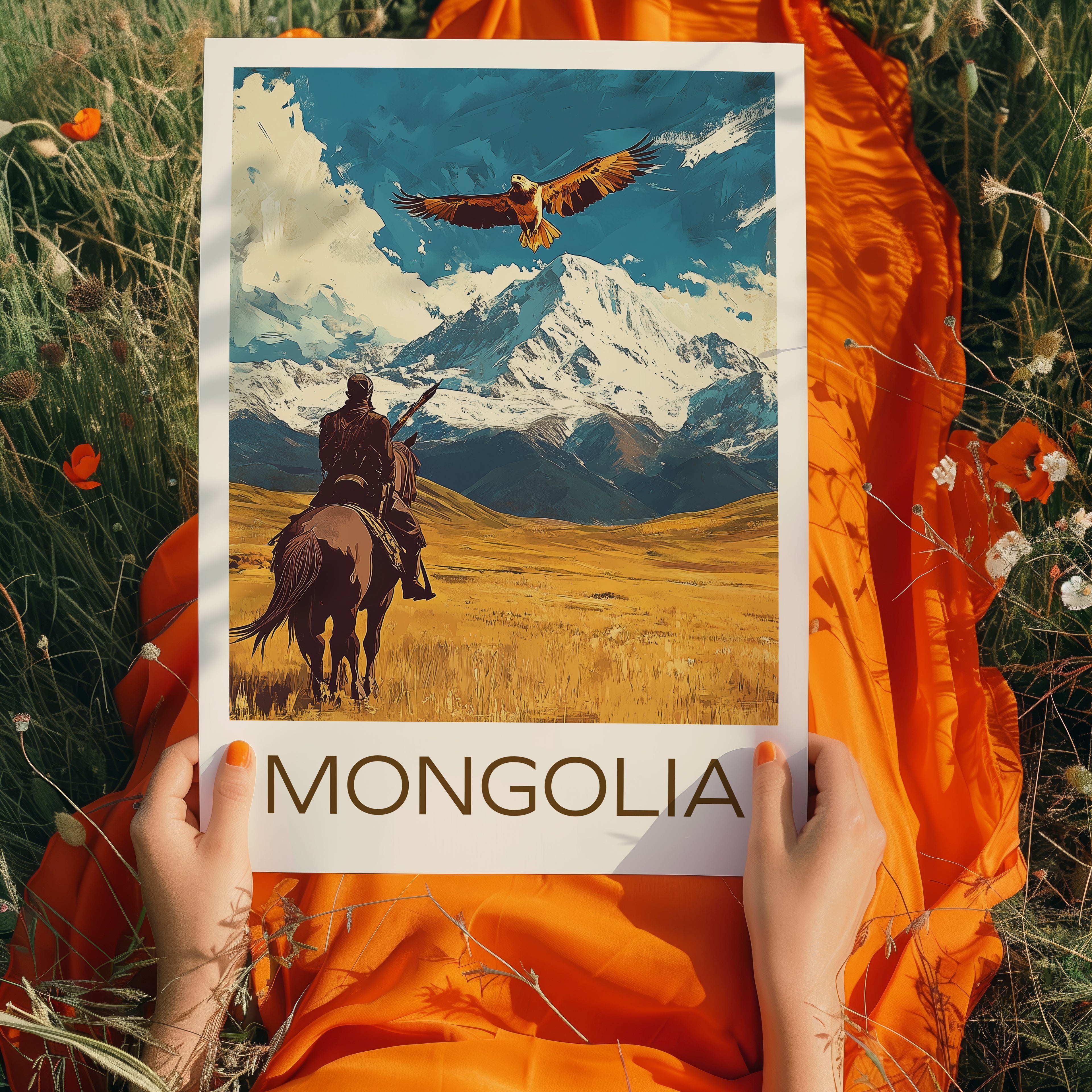 Kazakhstan Travel Poster: Golden Eagle Hunter Steppe Illustration Art