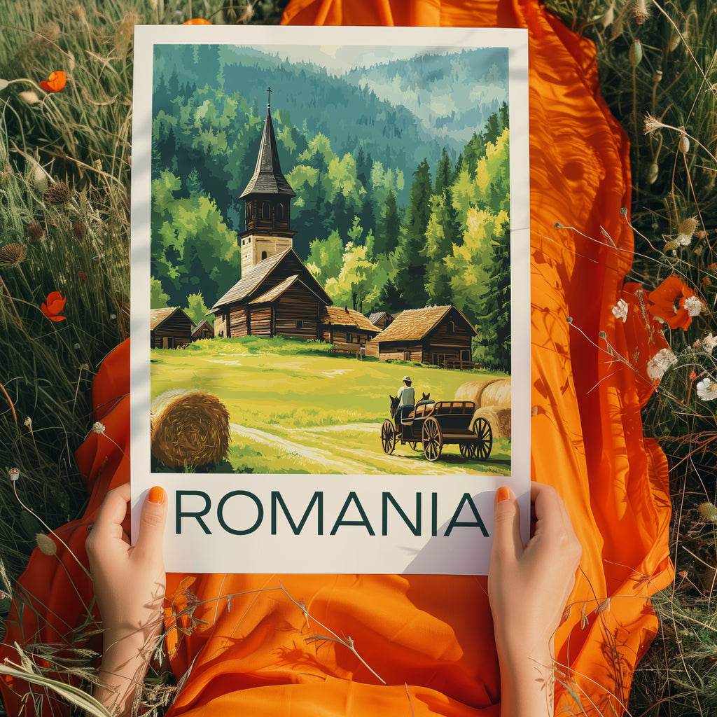 Romania Travel Poster: Traditional Village Maramures Illustration Art