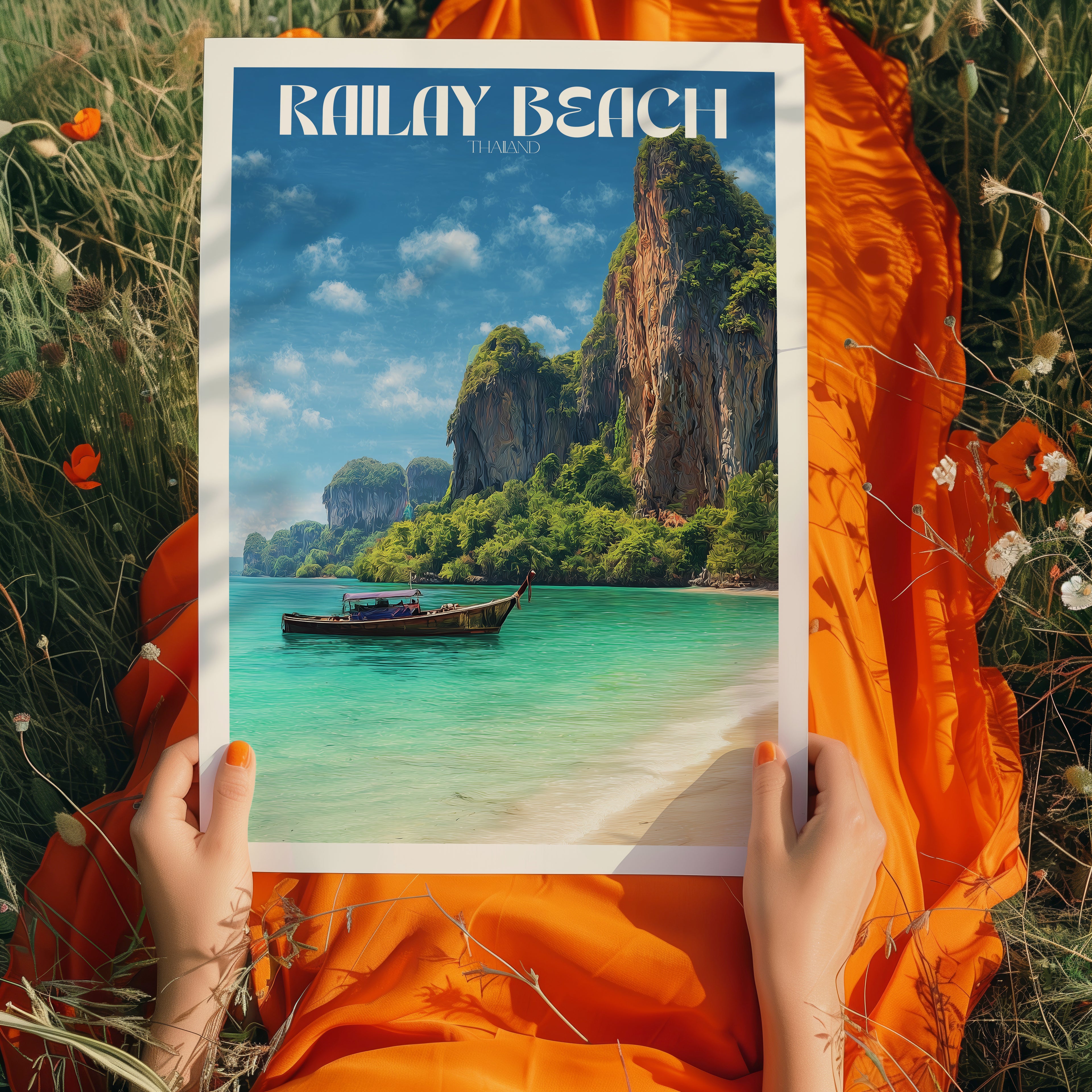 Thailand Travel Poster – Railay Beach Wall Art Print, Coastal Landscape, Longtail Boat Decor