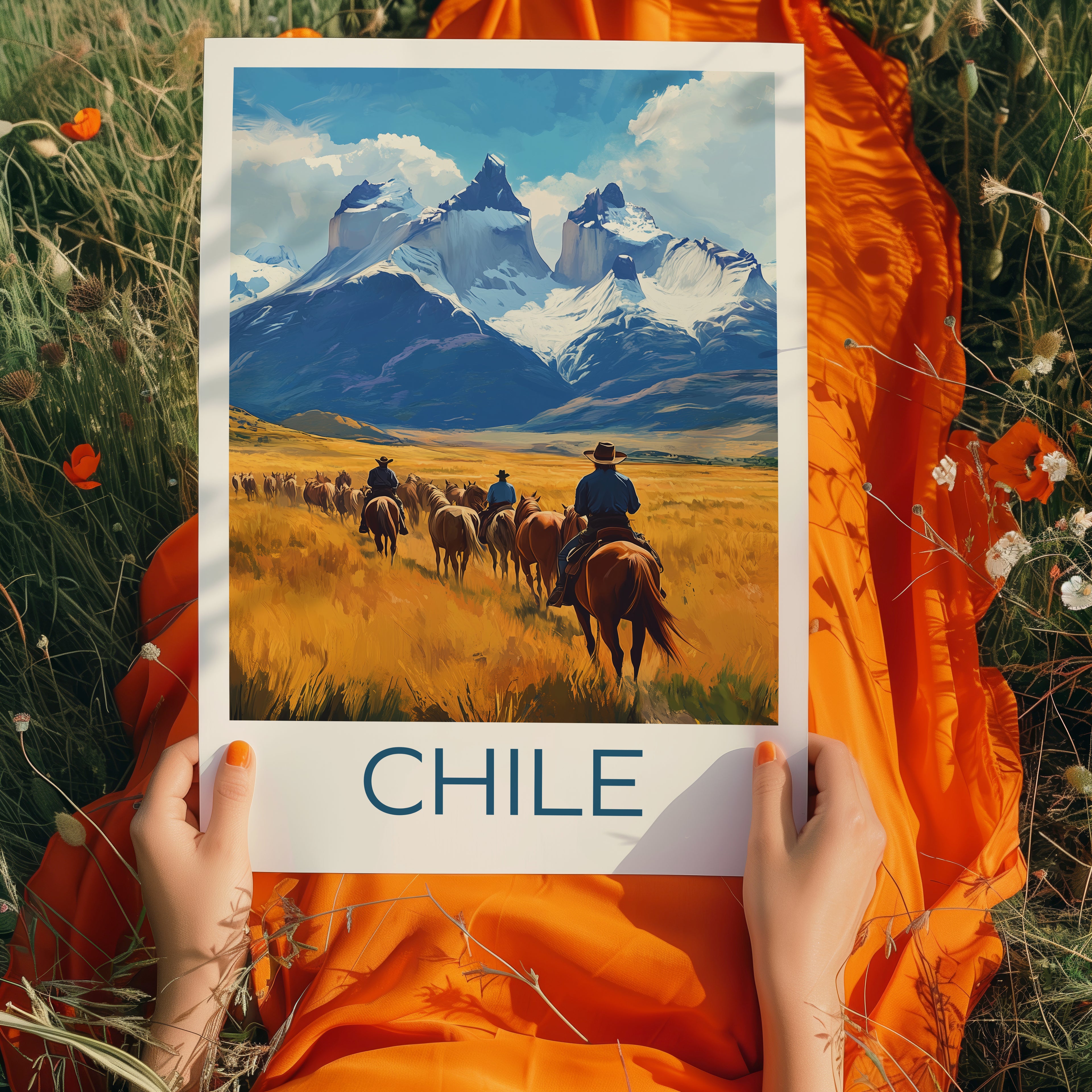 Chile Travel Poster: Patagonia Torres del Paine Illustration Art