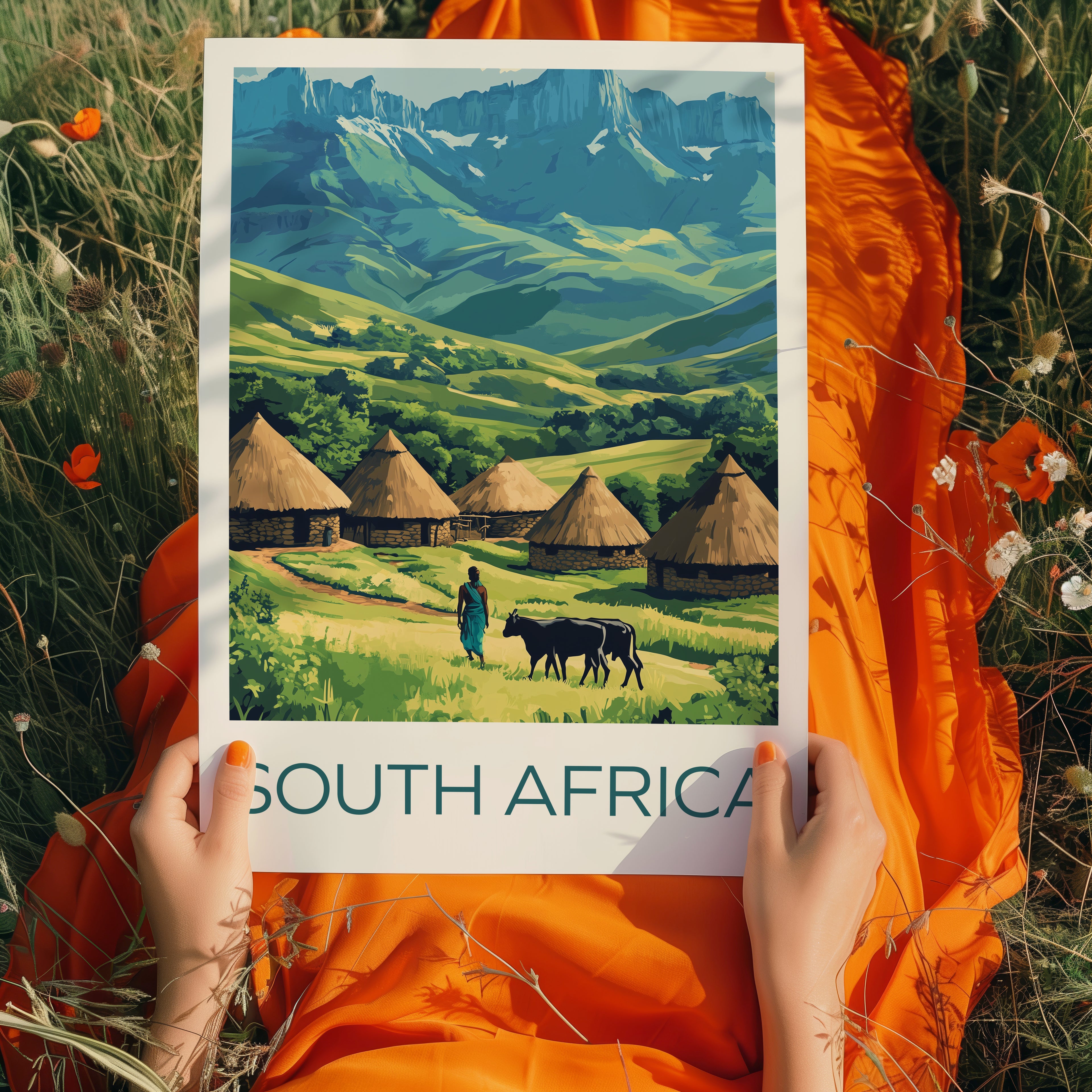 South Africa Travel Poster: Drakensberg Mountains & Zulu Village Illustration Art