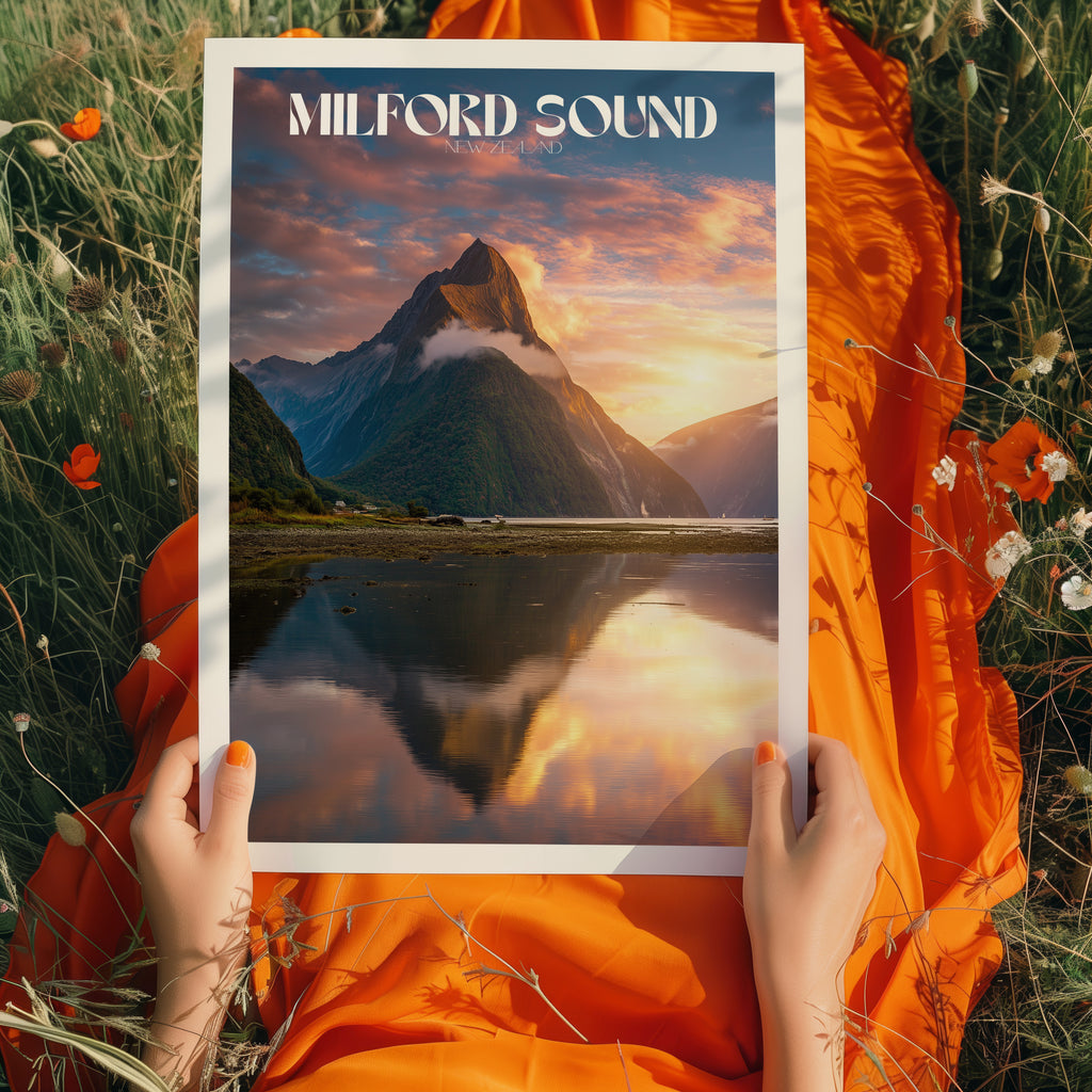 New Zealand Travel Poster – Milford Sound Sunrise Print, Mountain Reflection Wall Art