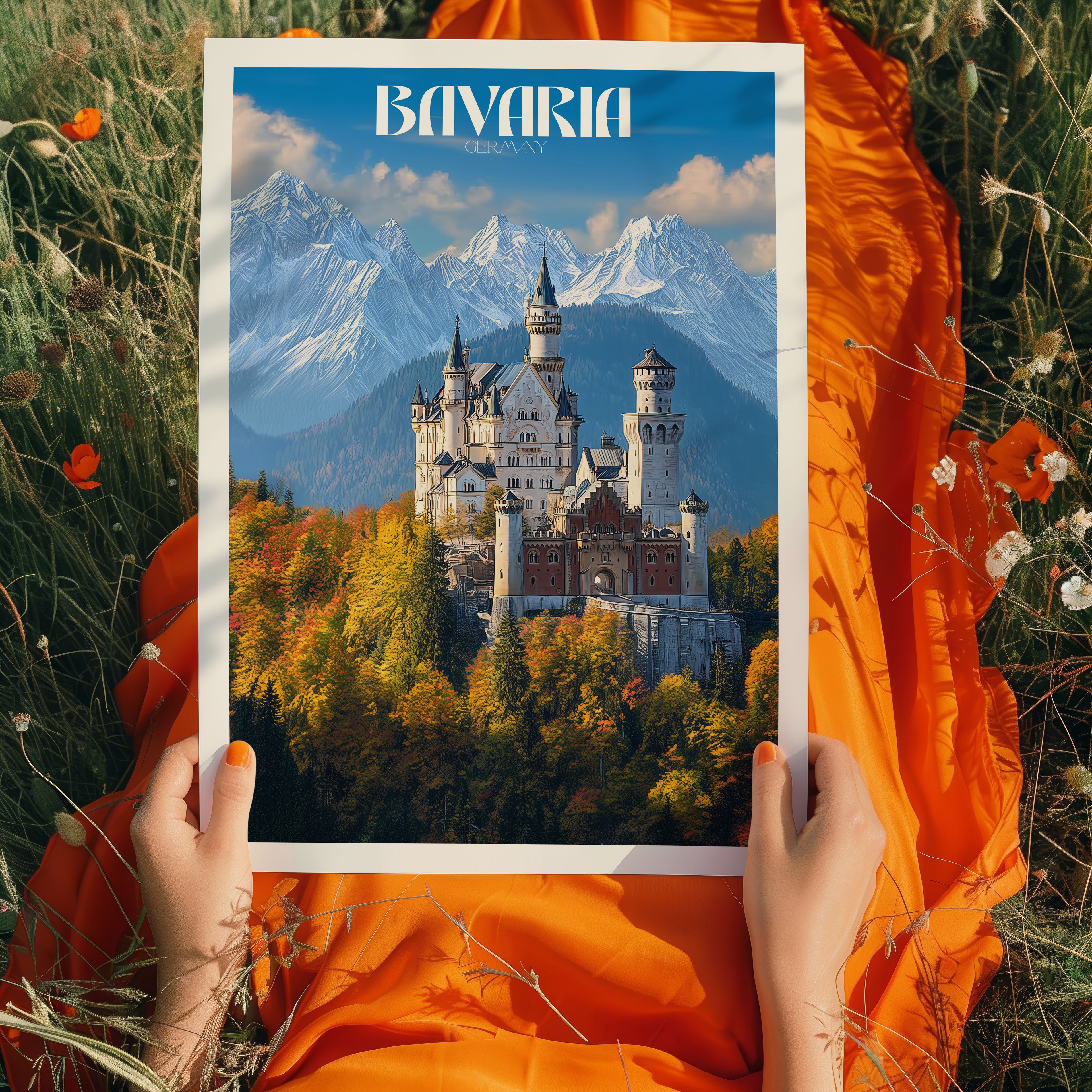 Germany Travel Poster – Bavarian Castle Wall Art Print, Fairytale Landmark, Romantic Decor