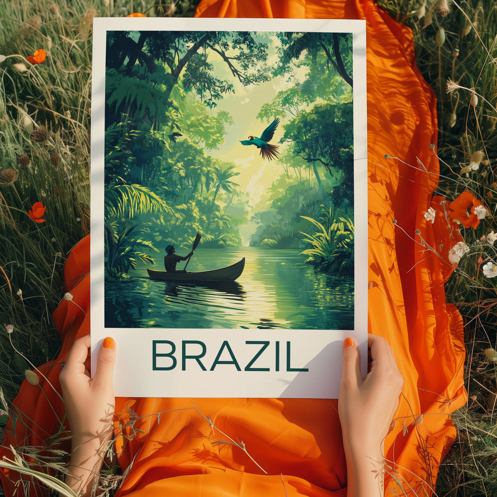 Brazil Amazon Rainforest Travel Poster – Jungle River Canoe & Macaw Illustration Art