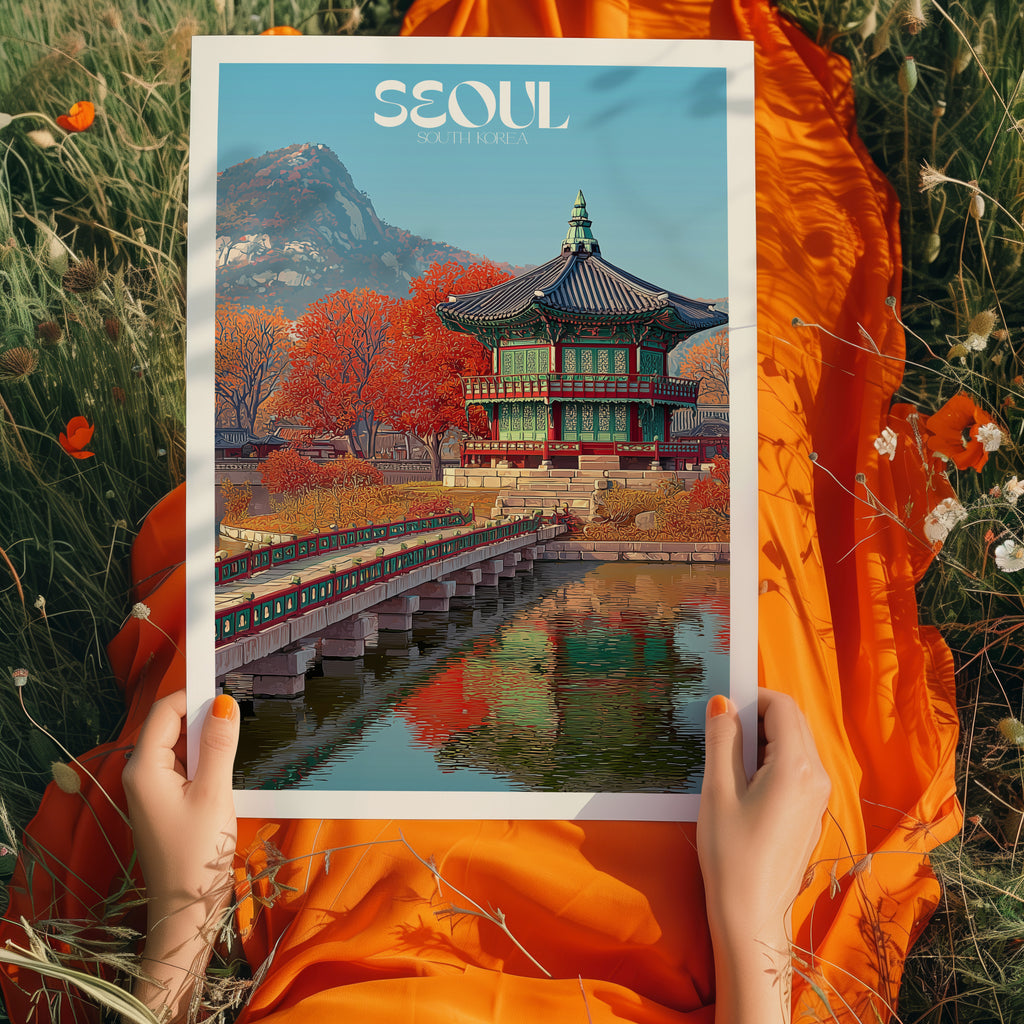 South Korea Travel Poster – Seoul Gyeongbokgung Palace Wall Art Print, Historic Landmark Decor