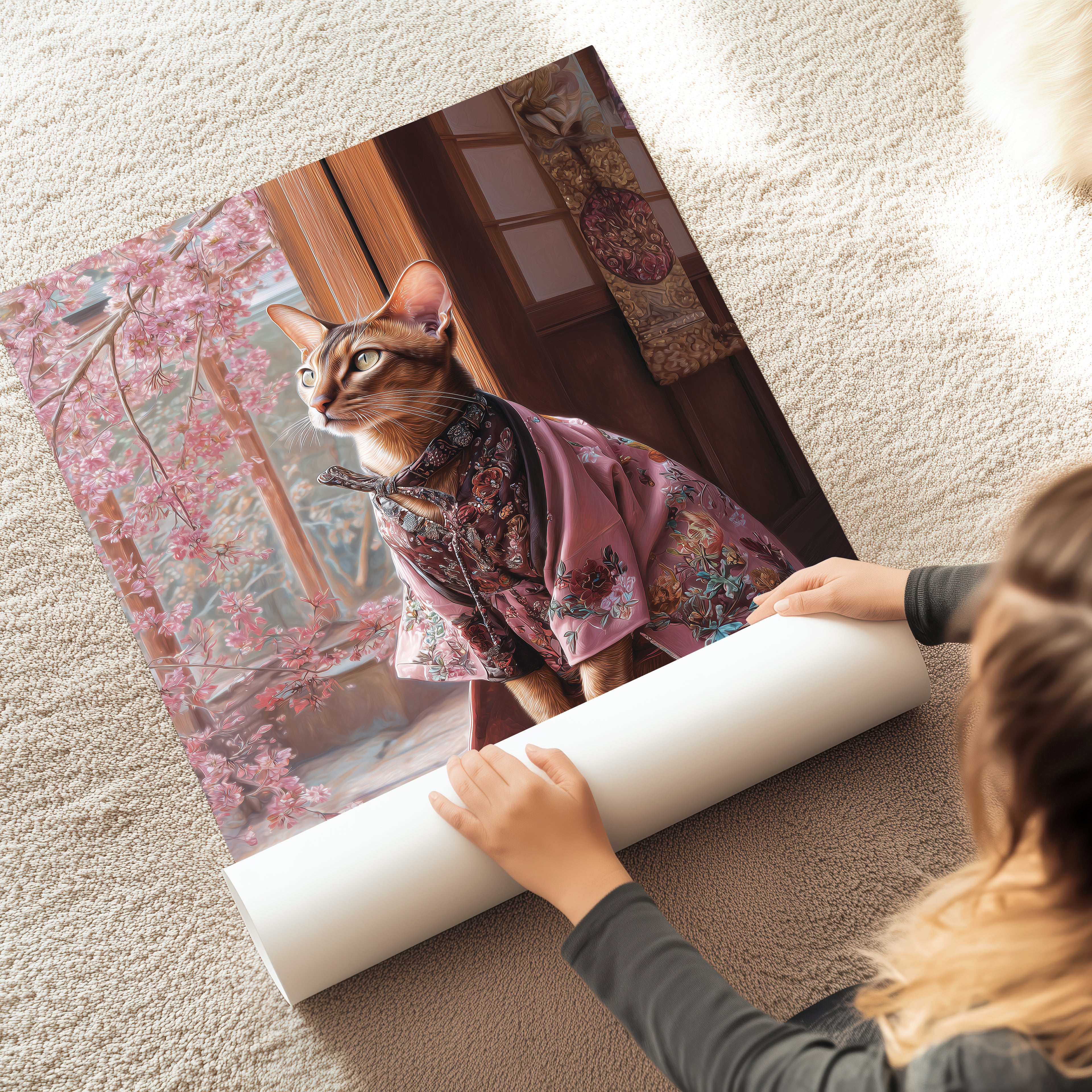 Kimono Cat Poster – Japanese Animal Print, Cherry Blossom Wall Art, Elegant Feline Decor