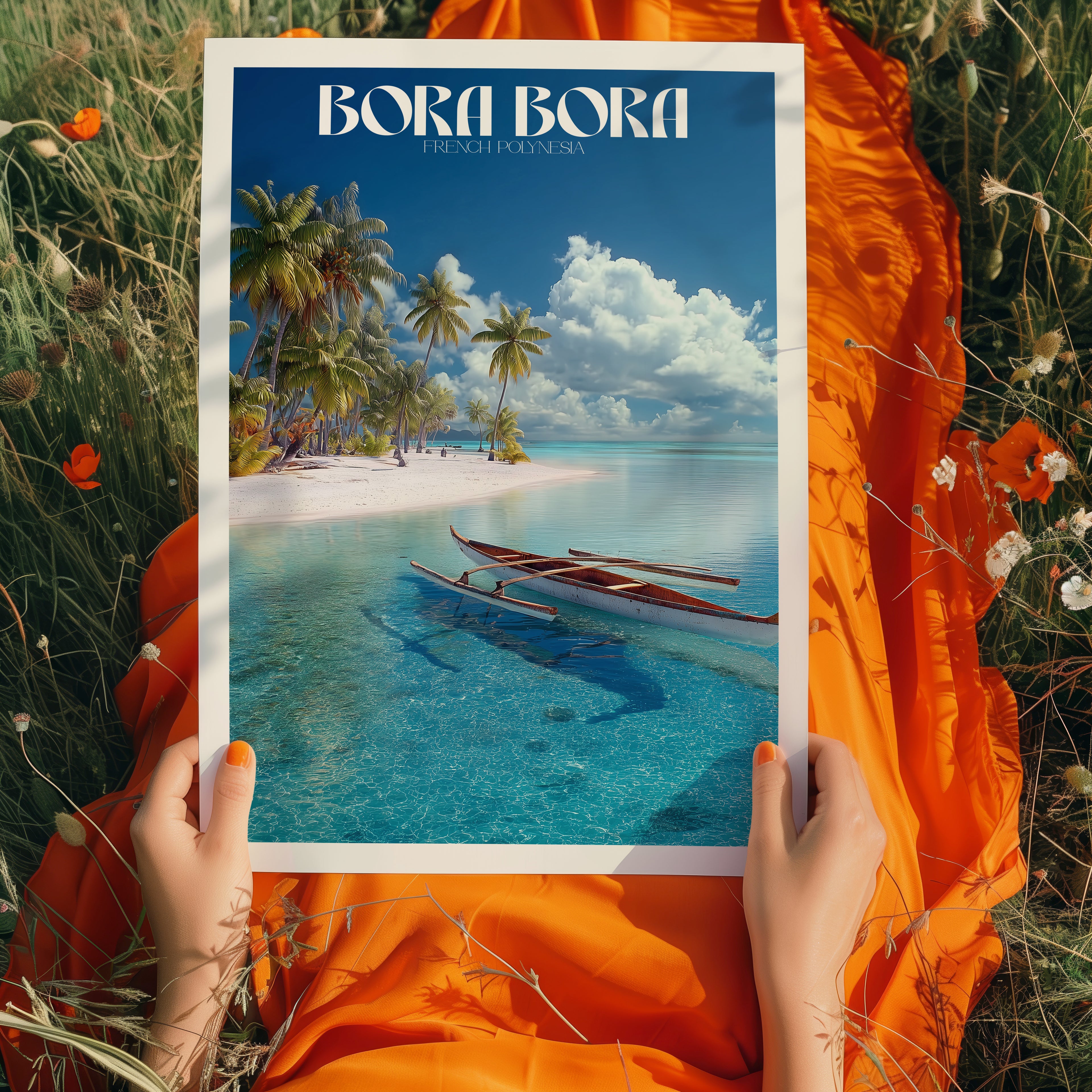 French Polynesia Travel Poster – Bora Bora Island Print, Tropical Lagoon Wall Art, Paradise Decor