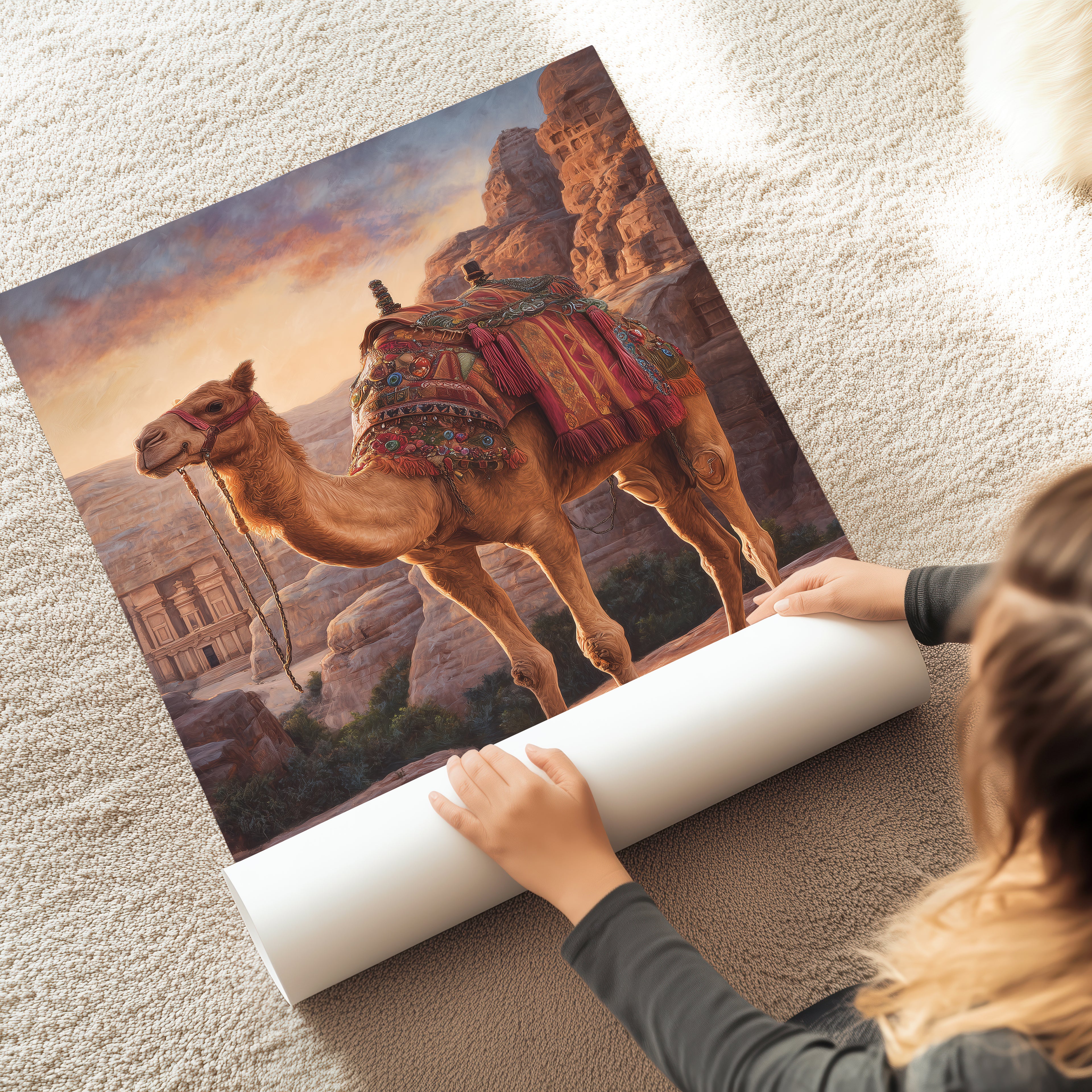 Royal Camel Poster – Desert Animal Art Print, Petra Inspired Wall Decor, Arabian Fantasy Illustration
