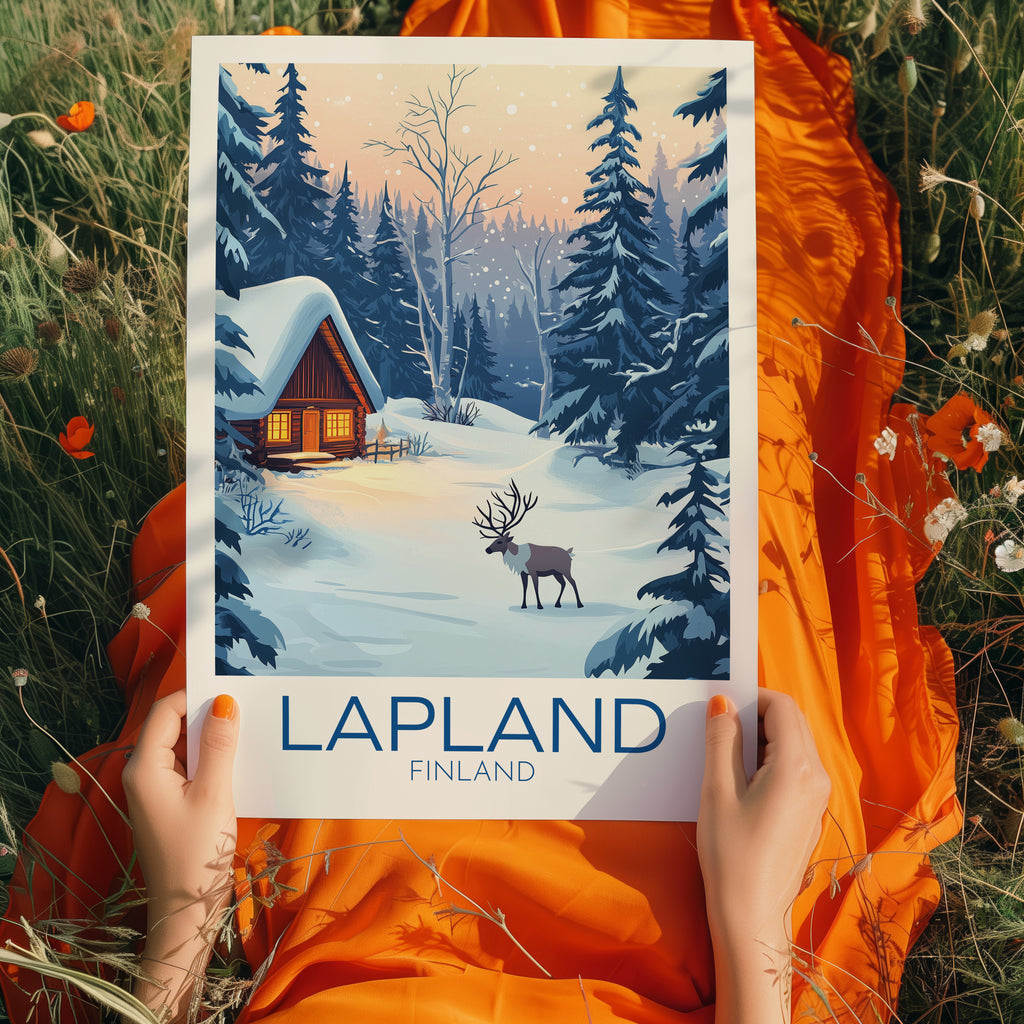 Lapland Travel Poster: Nordic Winter Cabin Illustration Art