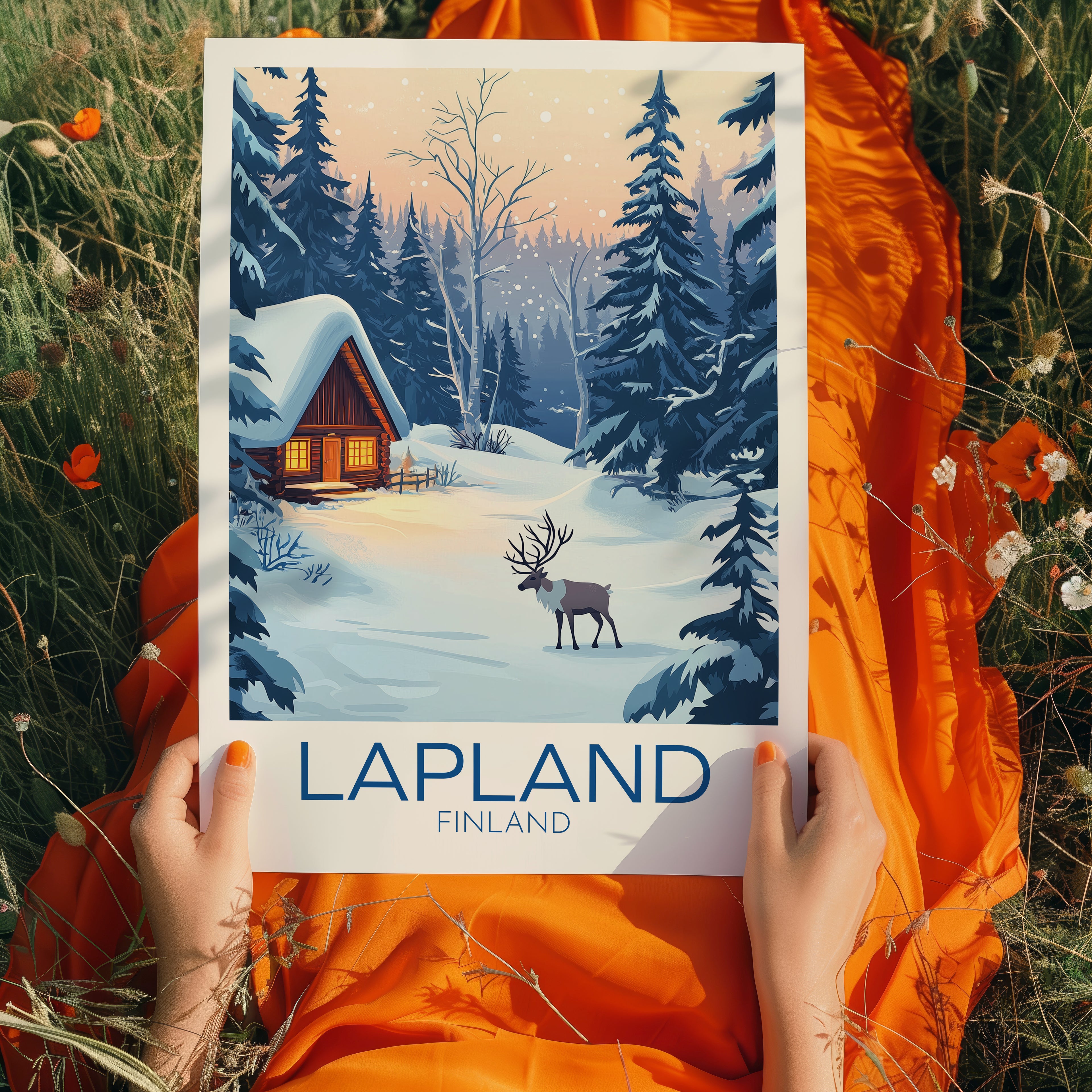 Lapland Travel Poster: Nordic Winter Cabin Illustration Art