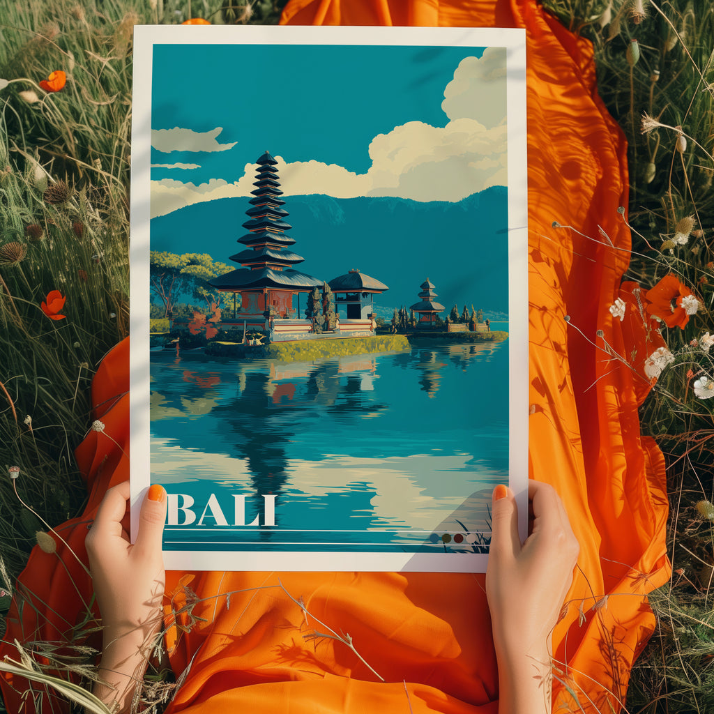 Bali Travel Poster: Ulun Danu Beratan Temple Print, Indonesia Wall Art