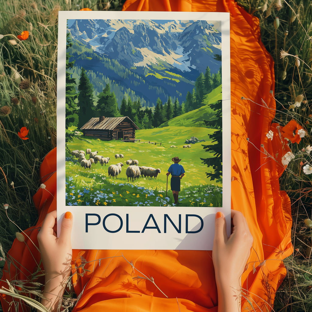 Poland Travel Poster – Tatra Mountains Shepherd & Alpine Cabin Landscape Art Print