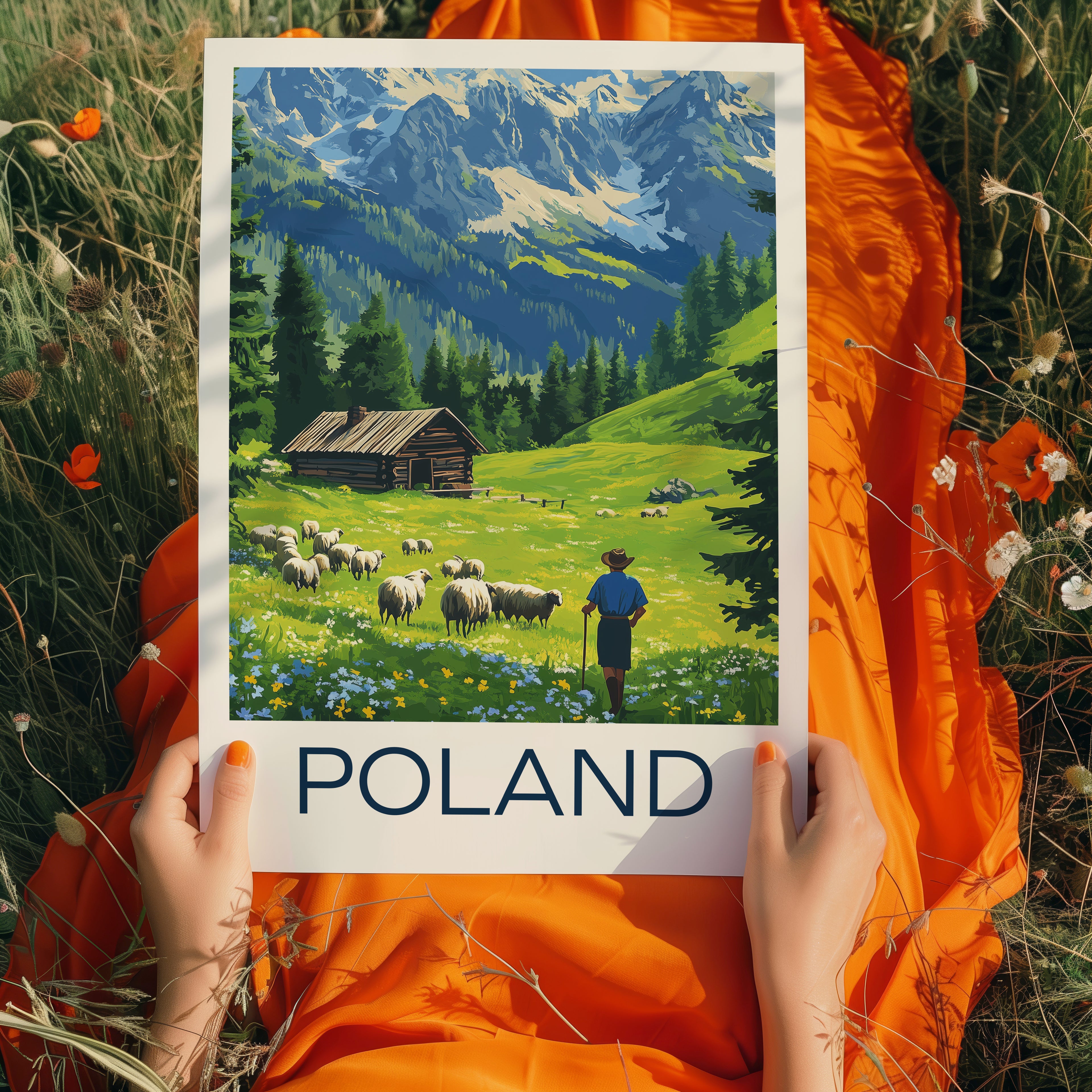 Poland Travel Poster – Tatra Mountains Shepherd & Alpine Cabin Landscape Art Print