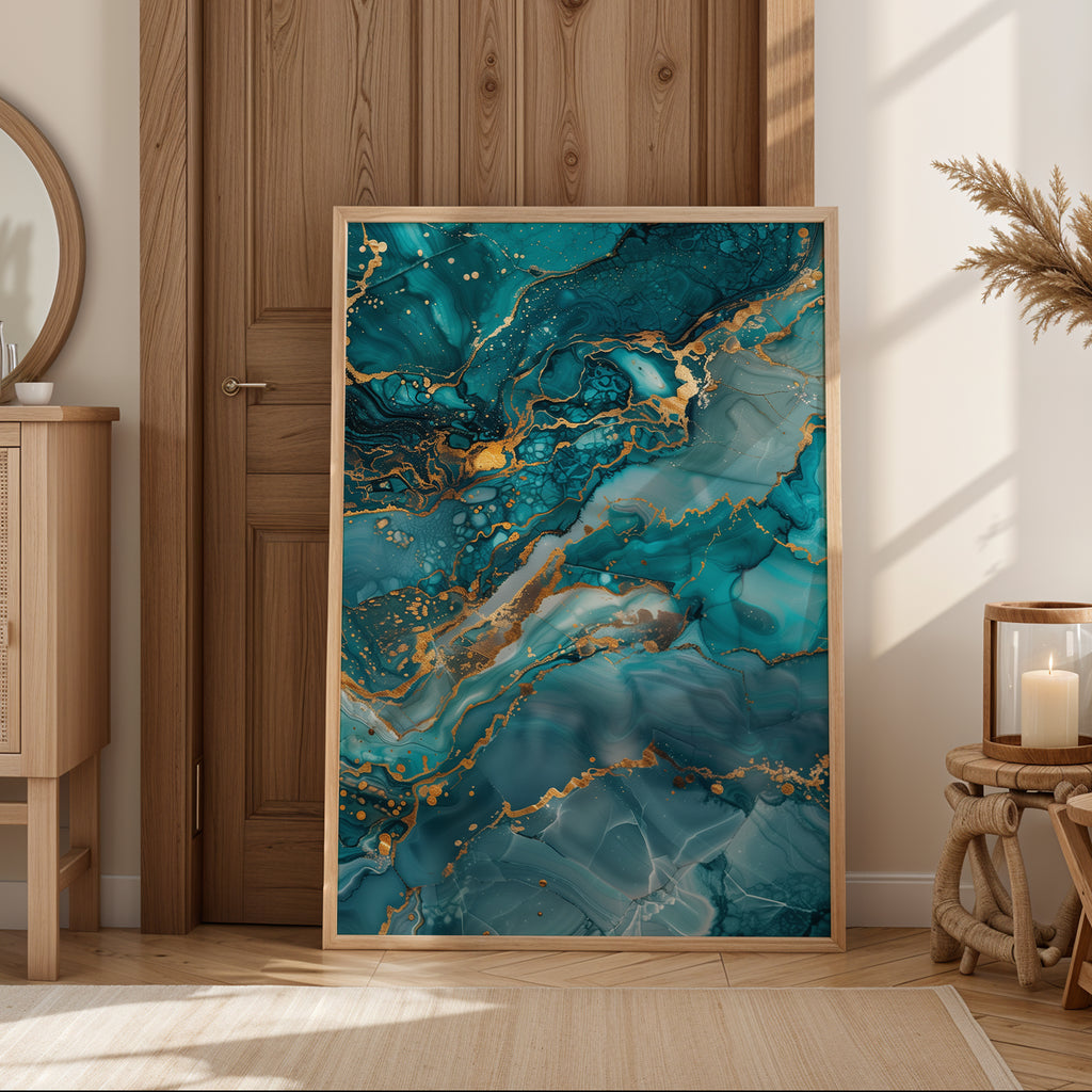 Marble wall art showing ocean-inspired fluid patterns with metallic gold veins