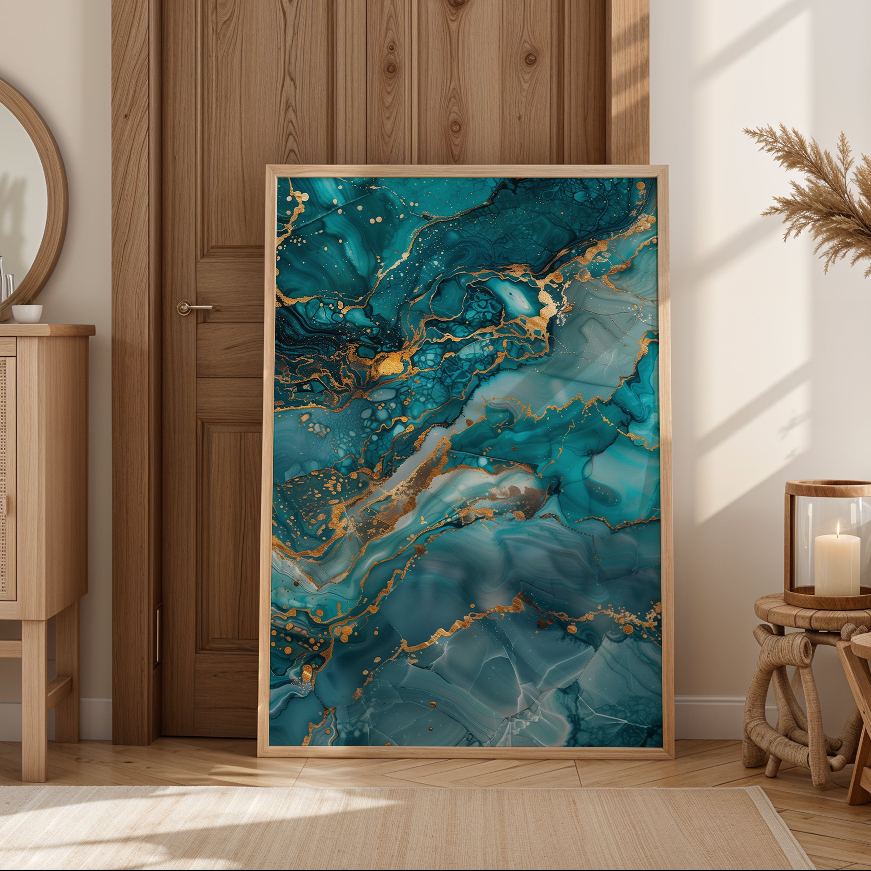 Marble wall art showing ocean-inspired fluid patterns with metallic gold veins
