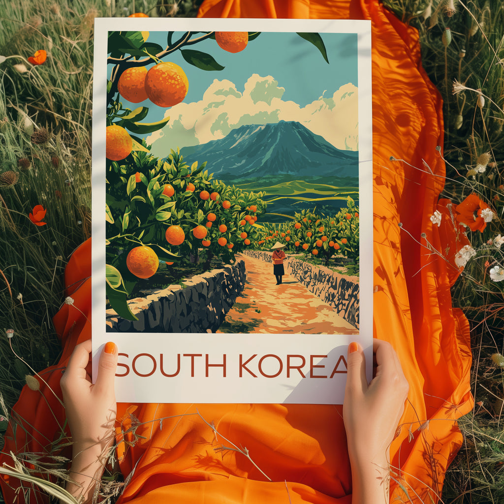 South Korea Travel Poster: Jeju Tangerine Farm Illustration Art