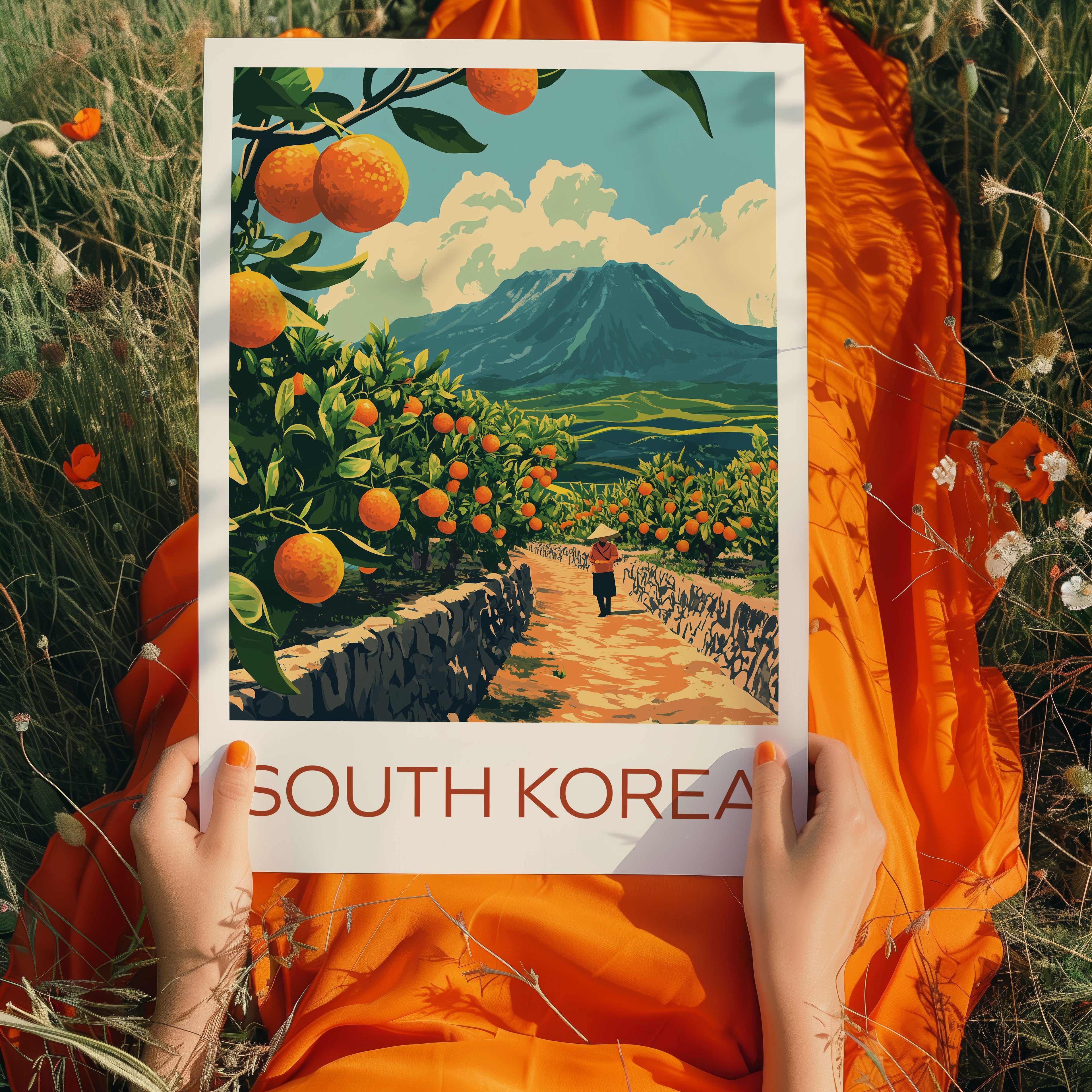 South Korea Travel Poster: Jeju Tangerine Farm Illustration Art