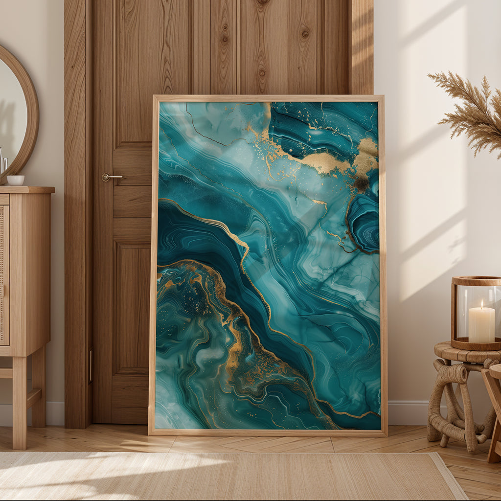 Ocean wall art showing coastal currents with metallic gold veins and teal tones