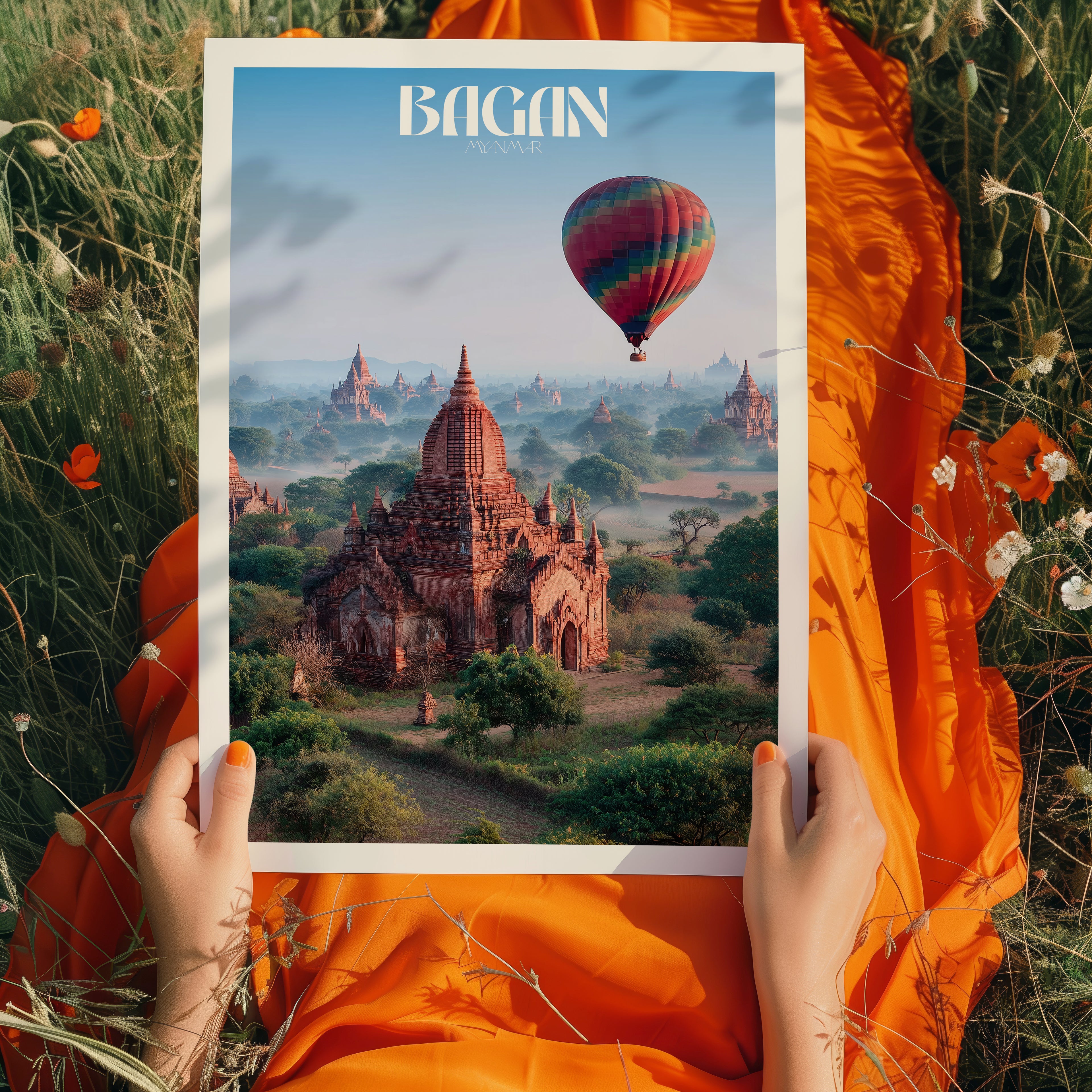 Bagan Temples Travel Print: Myanmar Hot Air Balloon Sunrise Art