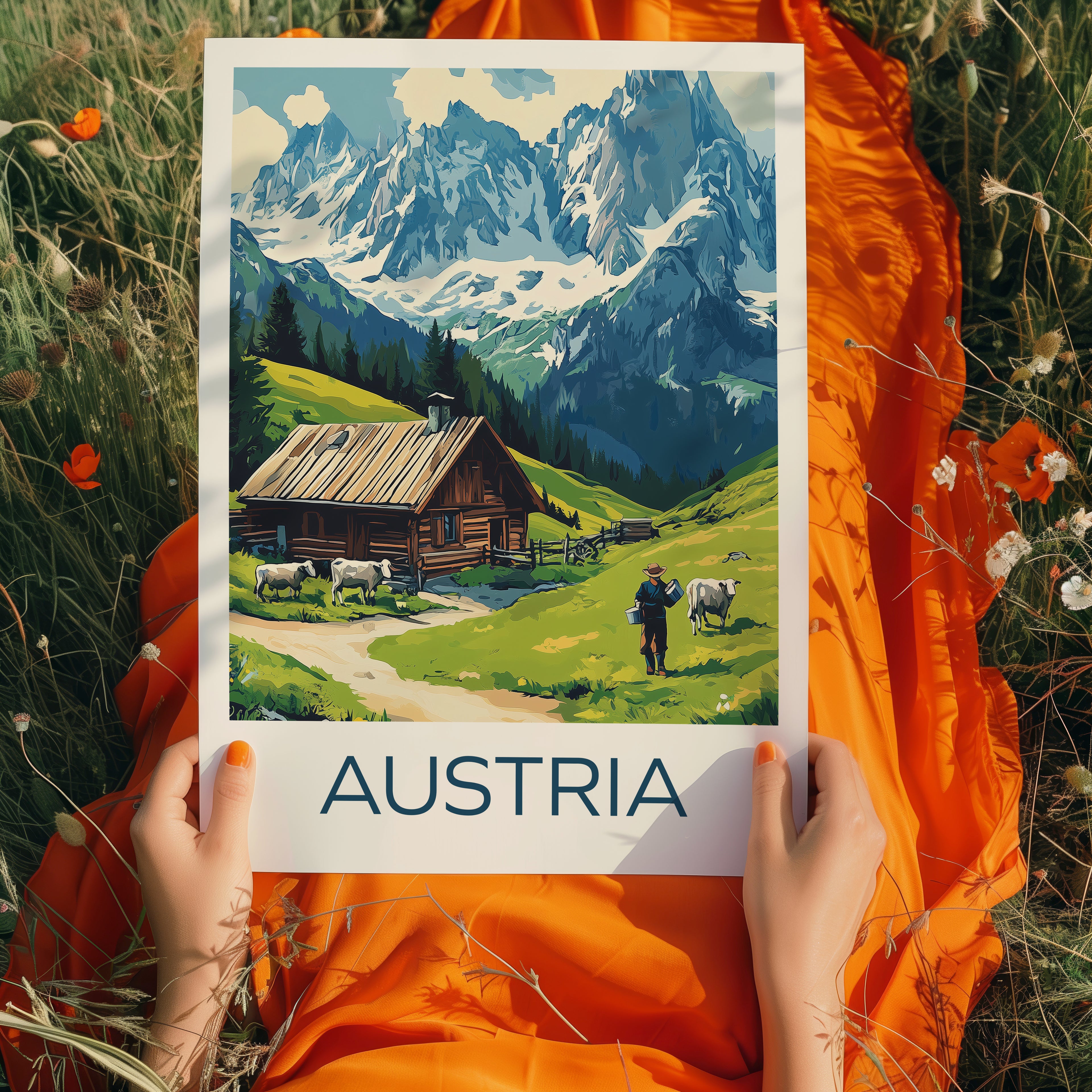 Austria Alps Travel Poster – Alpine Cabin & Mountain Landscape Illustration with Cows