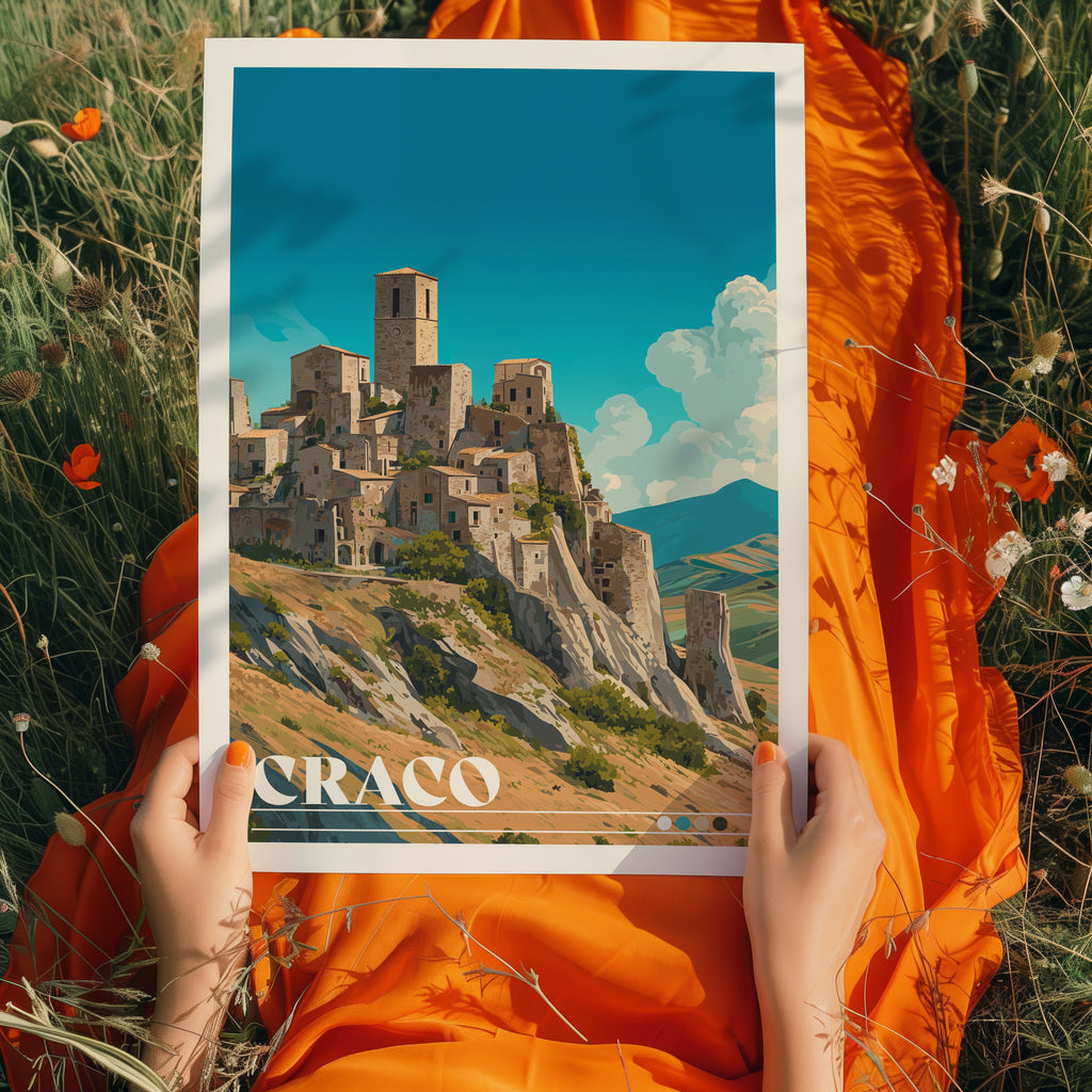 Craco Travel Poster: Abandoned Hilltop Village Print, Italy Wall Art