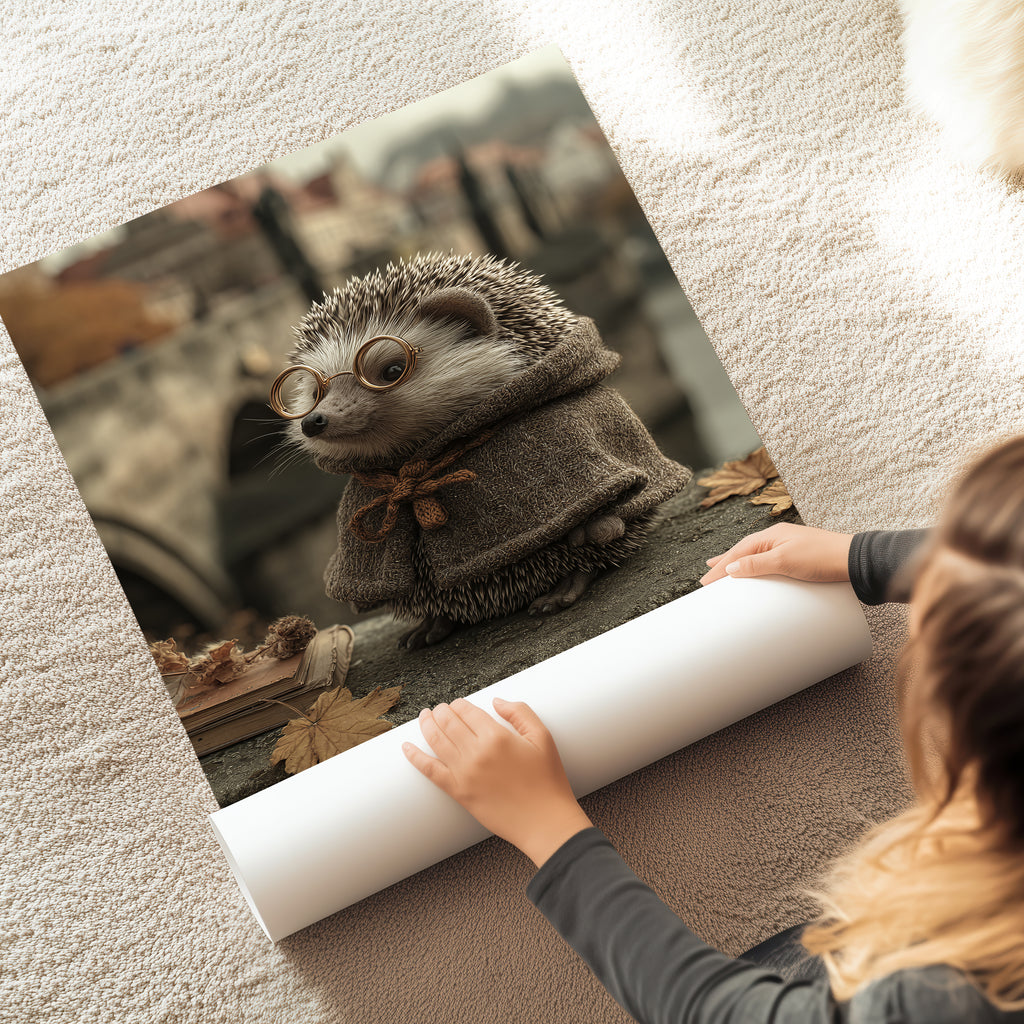 Hedgehog Philosopher Poster – Autumn Animal Print, Bookish Woodland Wall Art