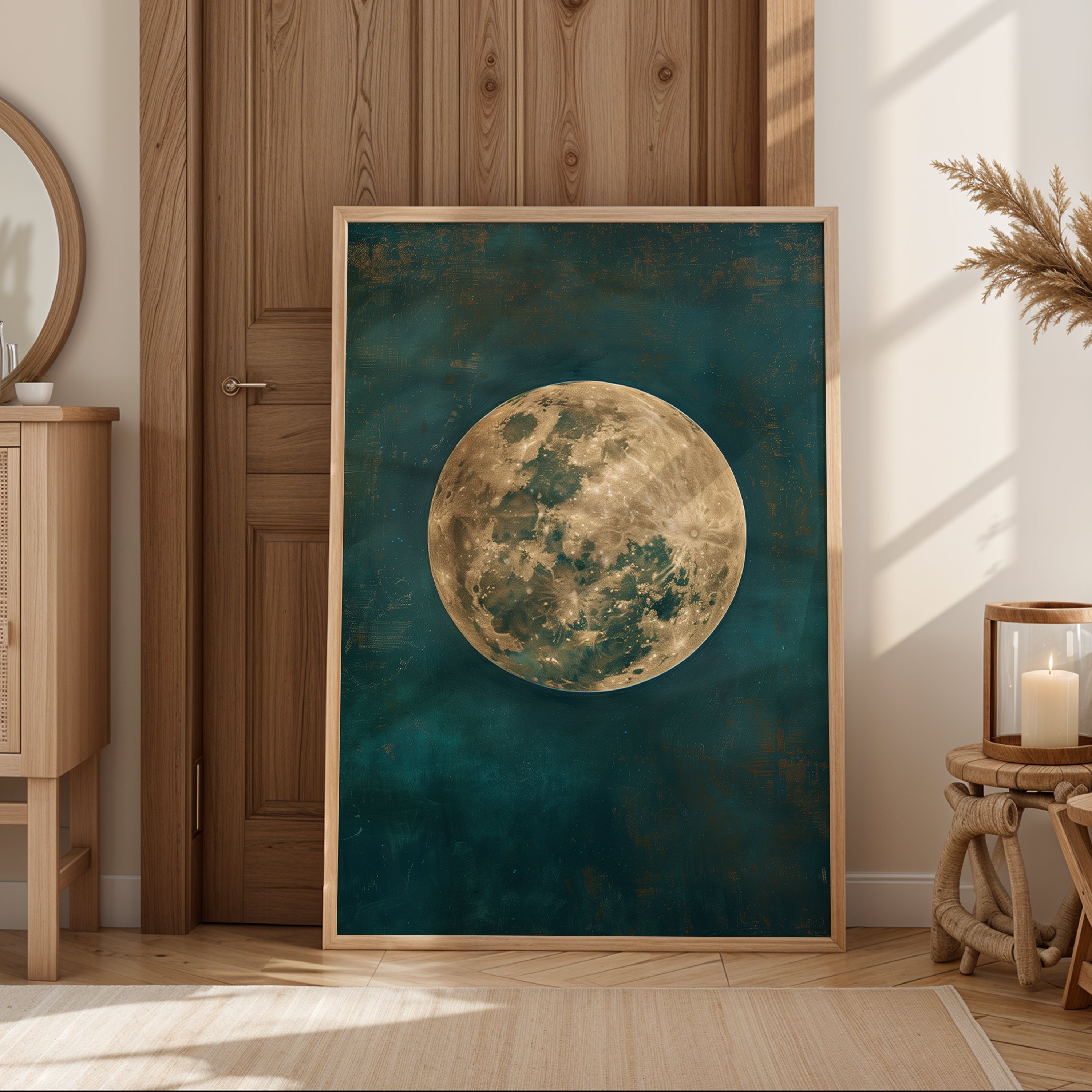 Moon wall art showing textured golden moon with painterly teal background